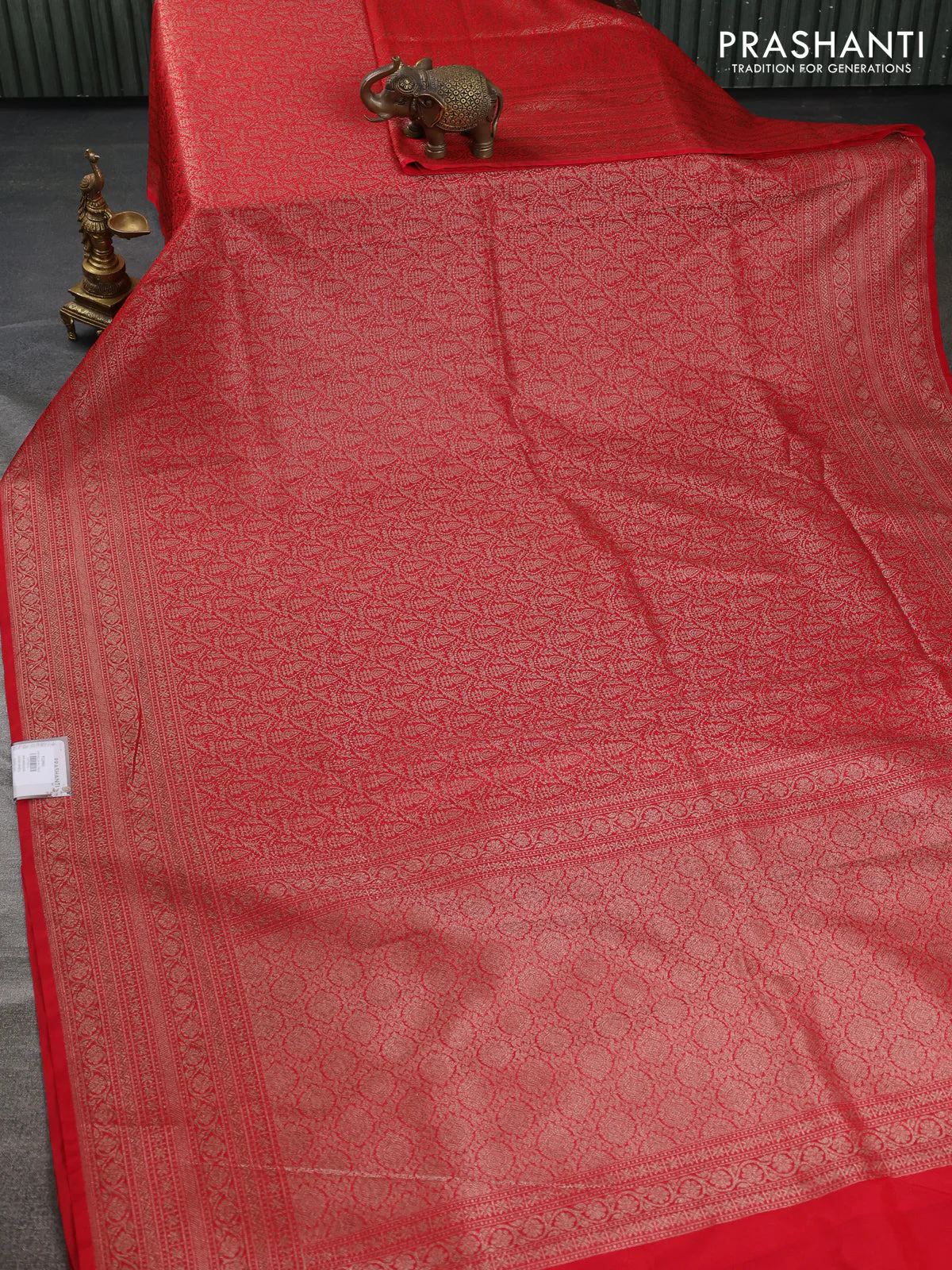Banarasi semi silk saree red with allover thread & zari woven butta weaves and woven border - Image 2