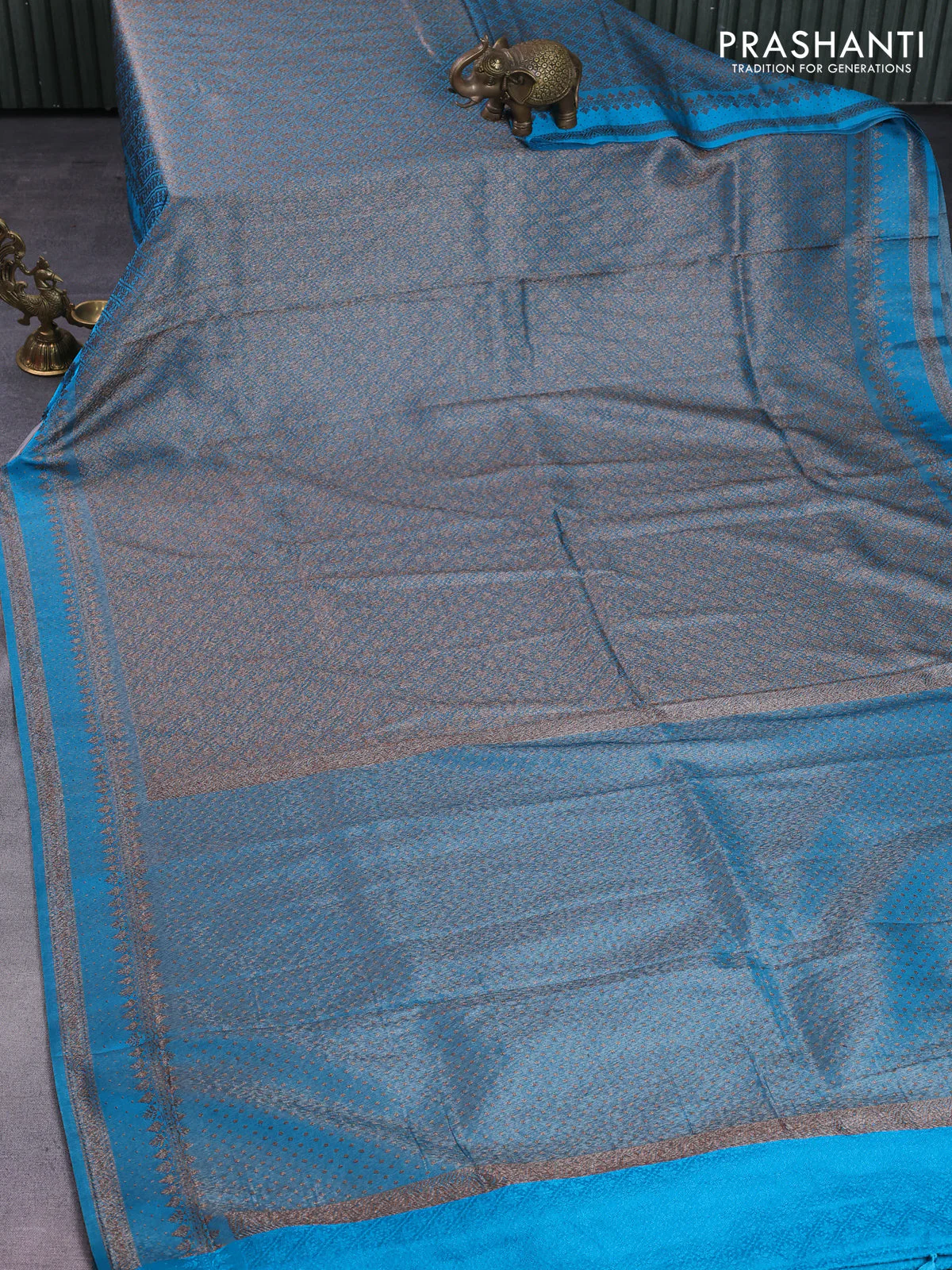 Banarasi semi silk saree teal blue with allover thread & zari weaves and woven border - Image 2