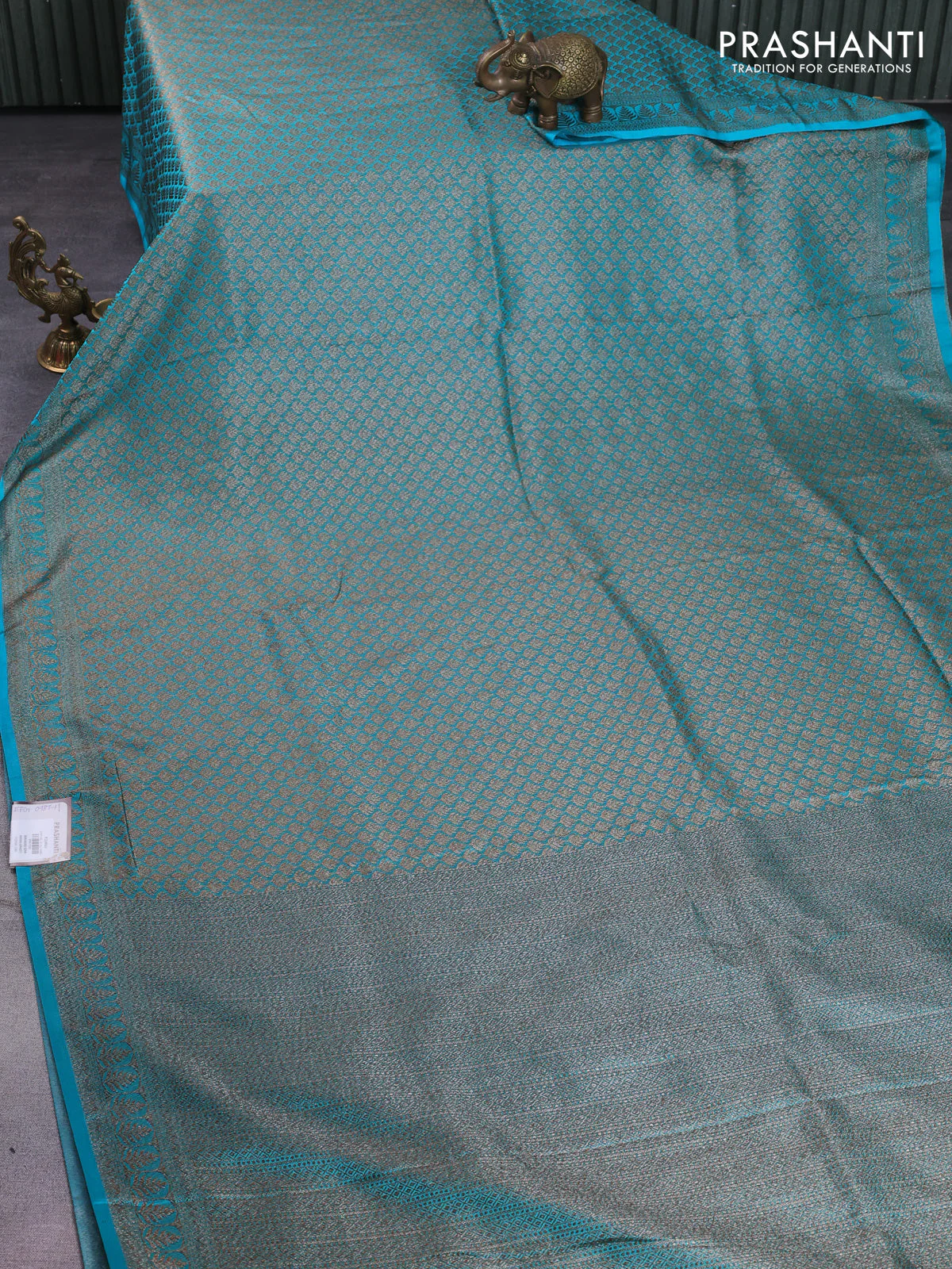 Banarasi semi silk saree teal blue with allover thread & zari weaves and woven border - Image 2