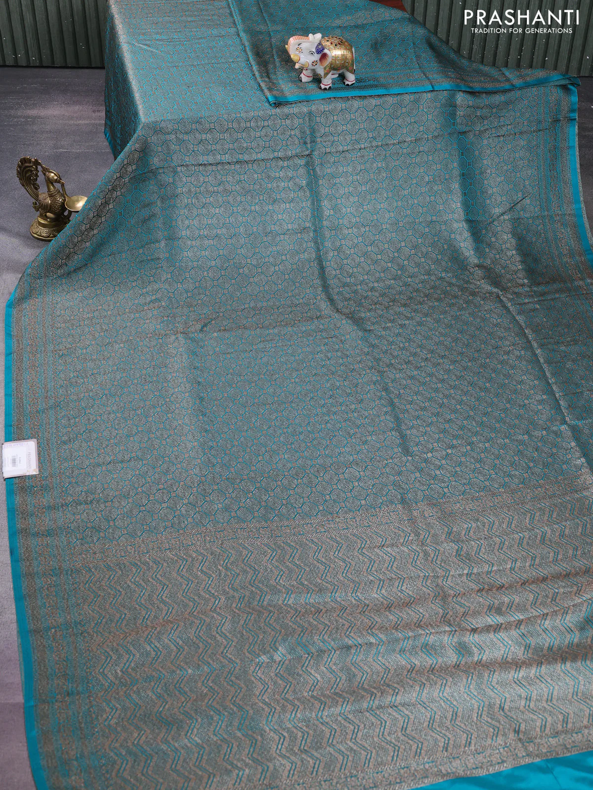 Banarasi semi silk saree teal blue with allover thread & zari weaves and woven border - Image 2
