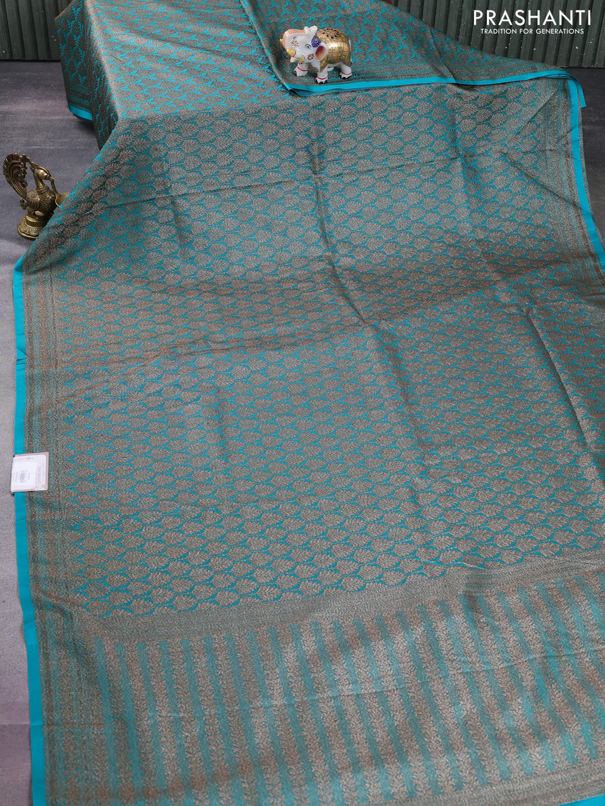 Banarasi semi silk saree teal blue with allover thread & zari weaves and woven border - Image 2