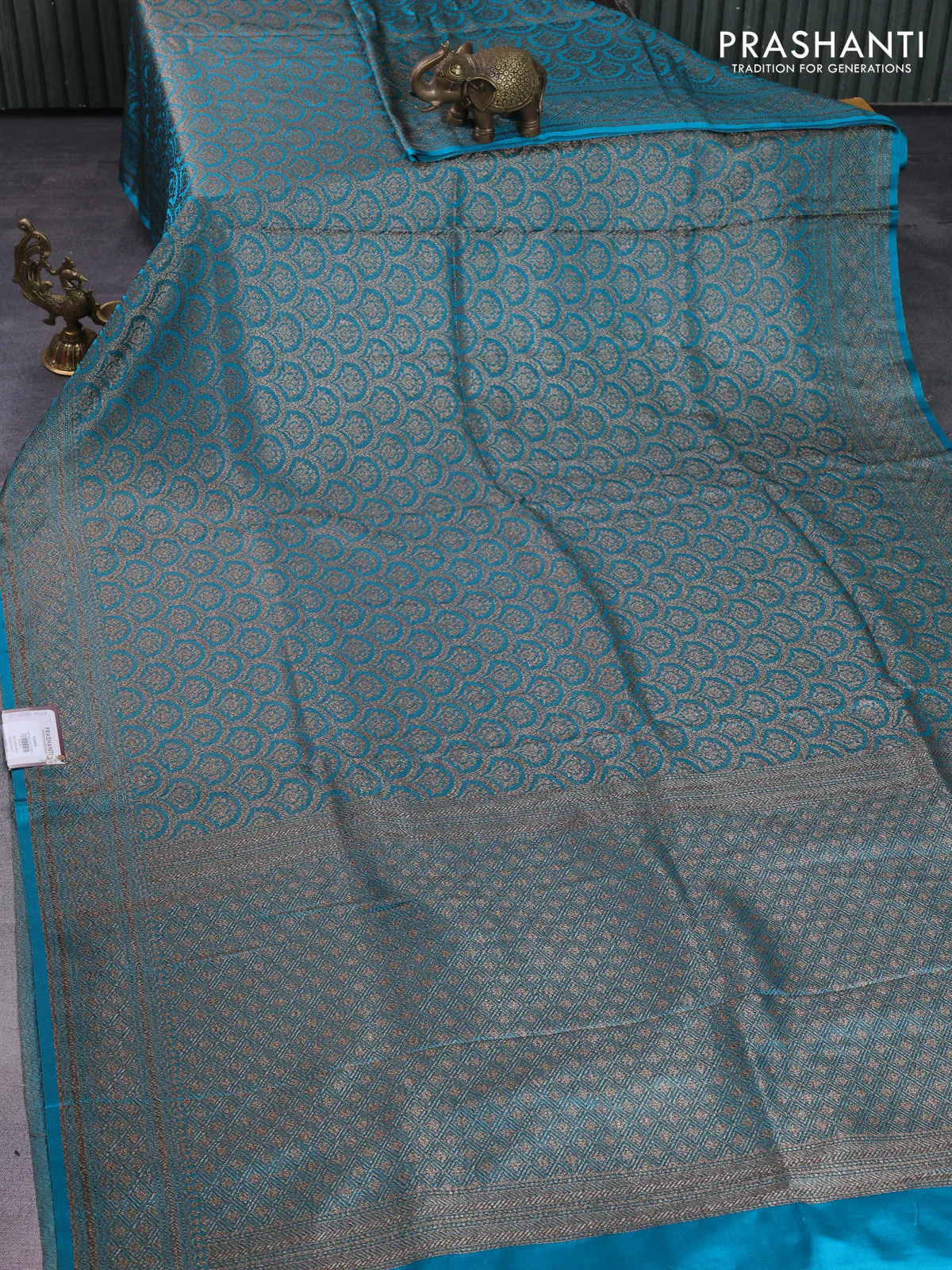 Banarasi semi silk saree teal blue with allover thread & zari weaves and woven border - Image 2