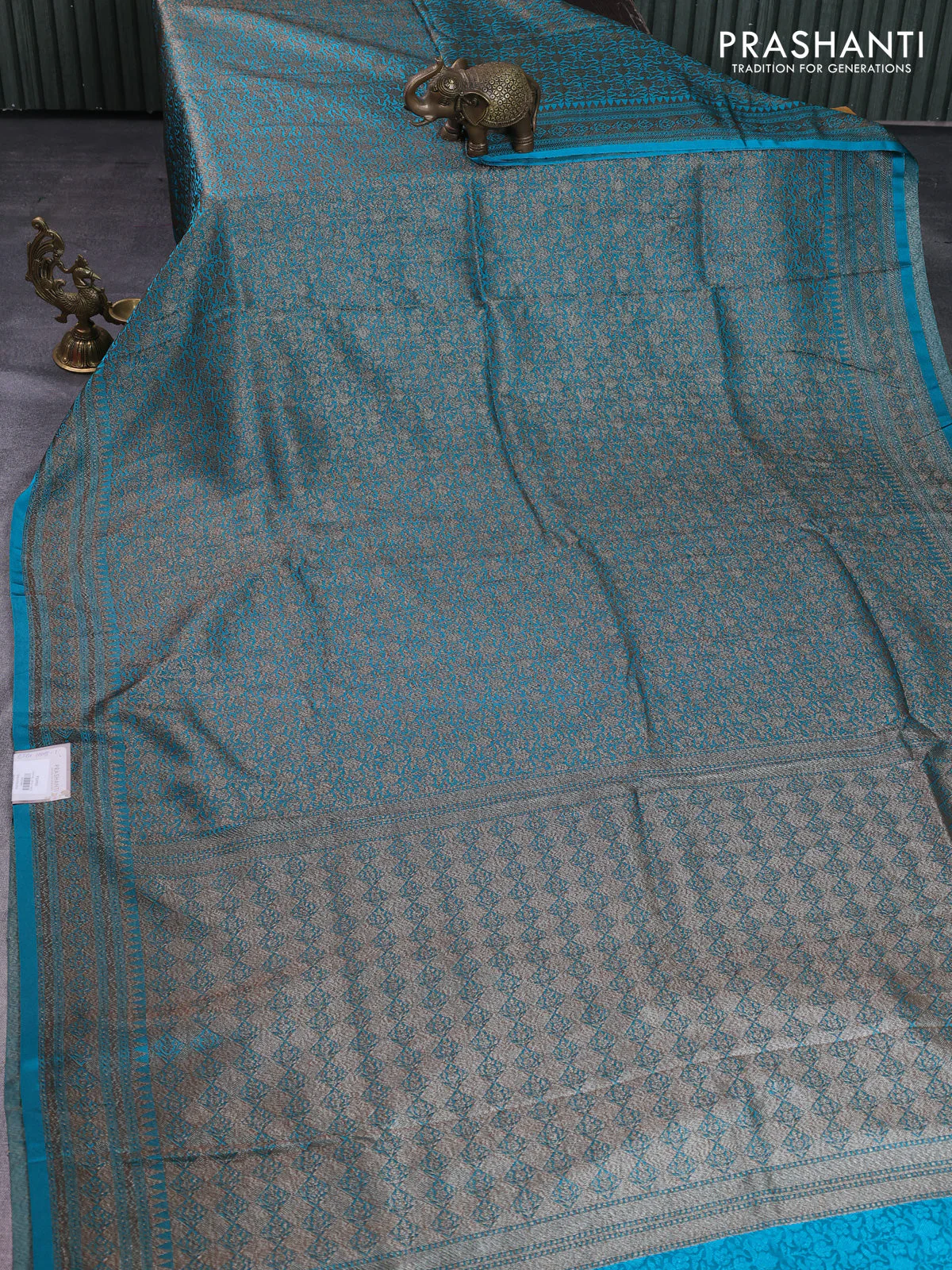 Banarasi semi silk saree teal blue with allover thread & zari weaves and woven border - Image 2