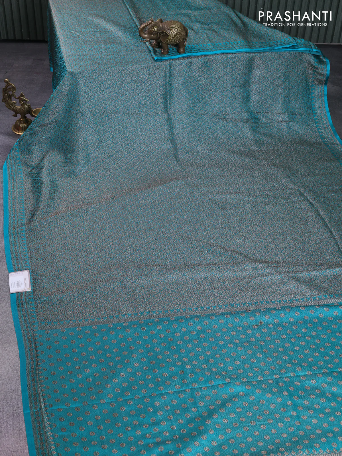 Banarasi semi silk saree teal blue with allover thread & zari weaves and woven border - Image 2