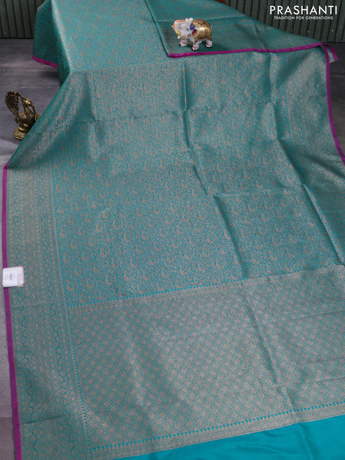 Banarasi semi silk saree teal green and purple with allover thread & zari weaves and woven border - Image 2