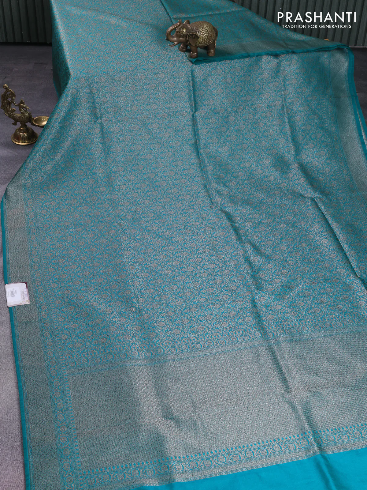 Banarasi semi silk saree teal green with allover thread & zari weaves and woven border - Image 2