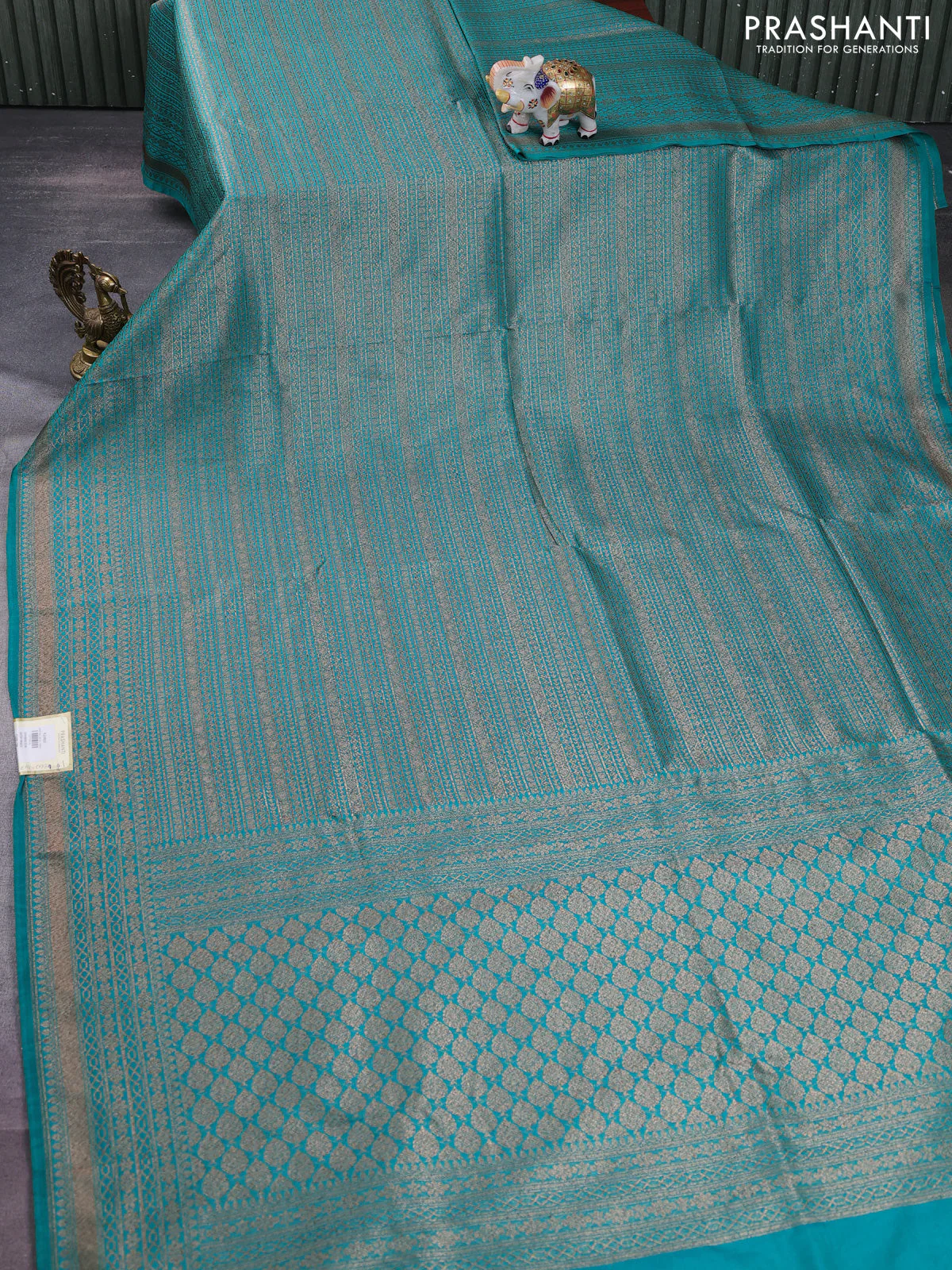 Banarasi semi silk saree teal green with allover thread & zari weaves and woven border - Image 2