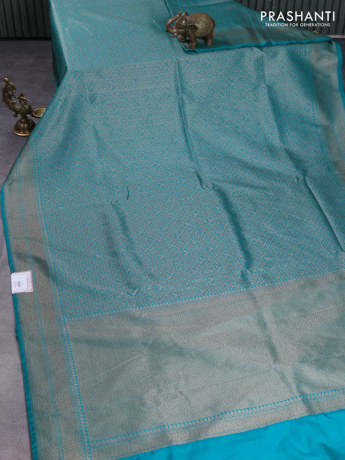 Banarasi semi silk saree teal green with allover thread & zari weaves and woven border - Image 2