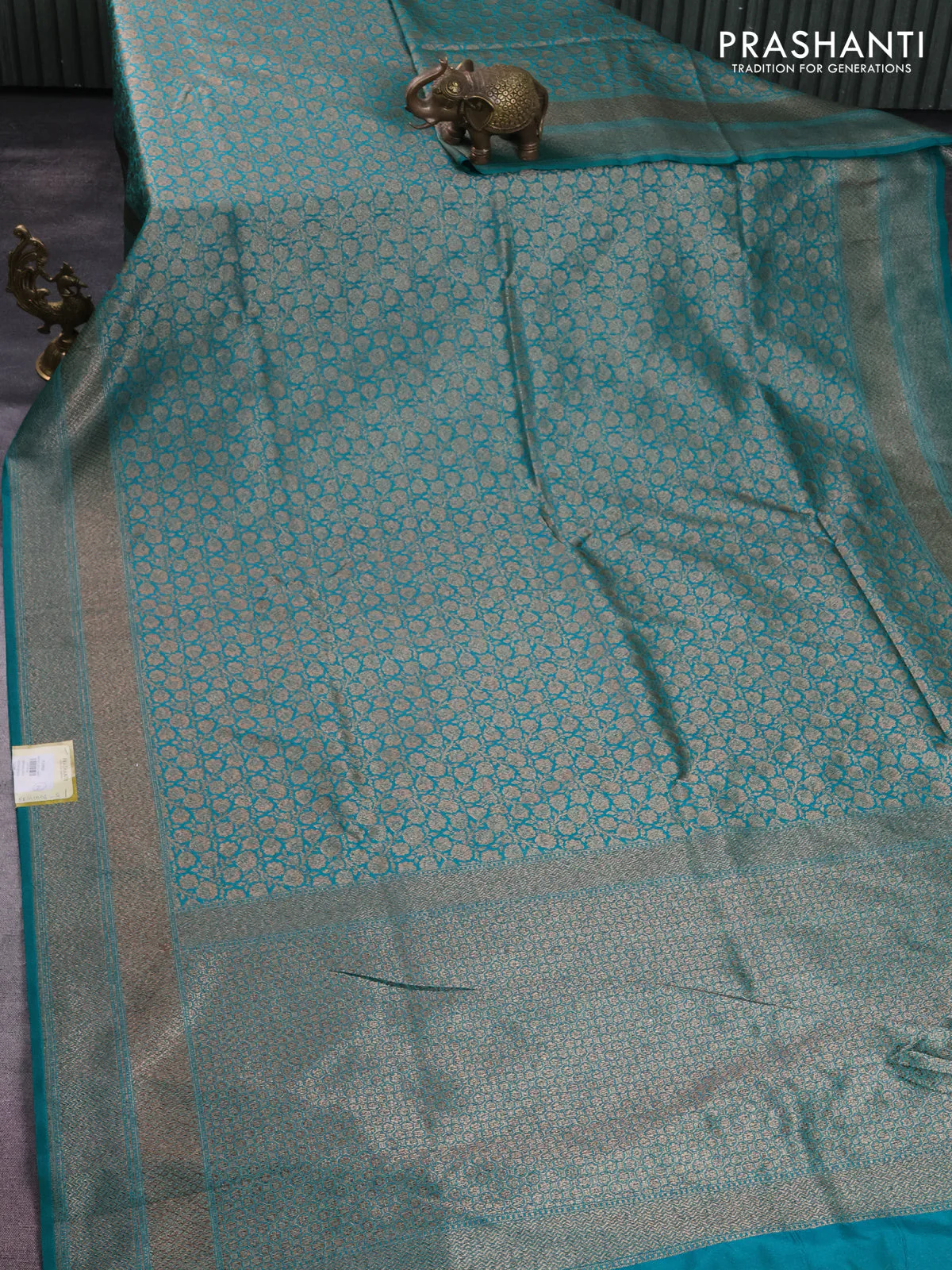 Banarasi semi silk saree teal green with allover thread & zari weaves and woven border - Image 2