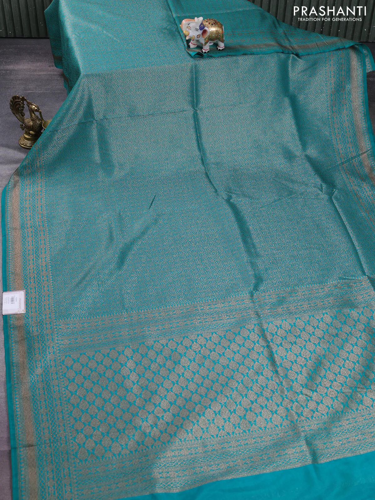 Banarasi semi silk saree teal green with allover thread & zari weaves and woven border - Image 2