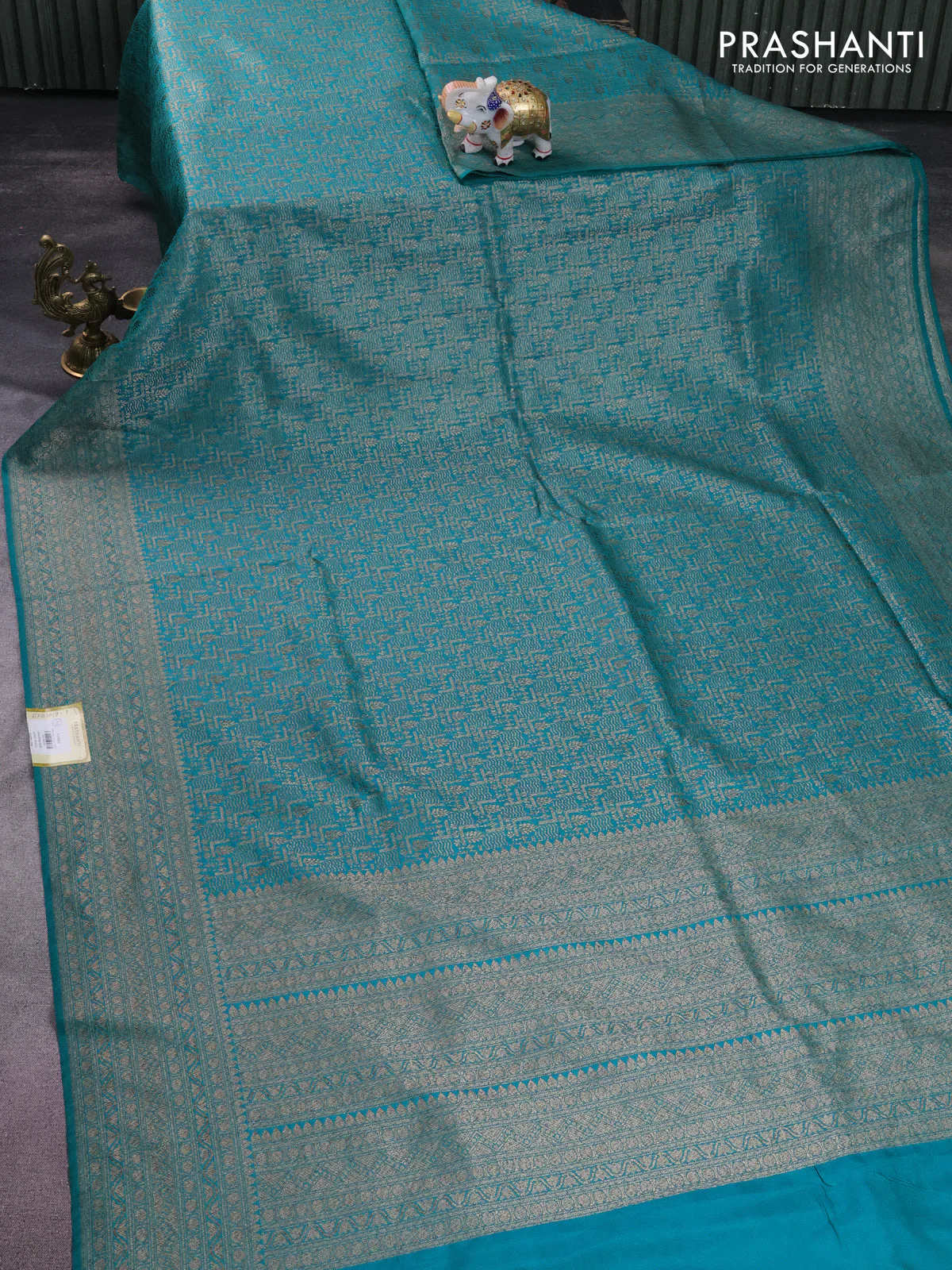 Banarasi semi silk saree teal green with allover thread & zari weaves and woven border - Image 2