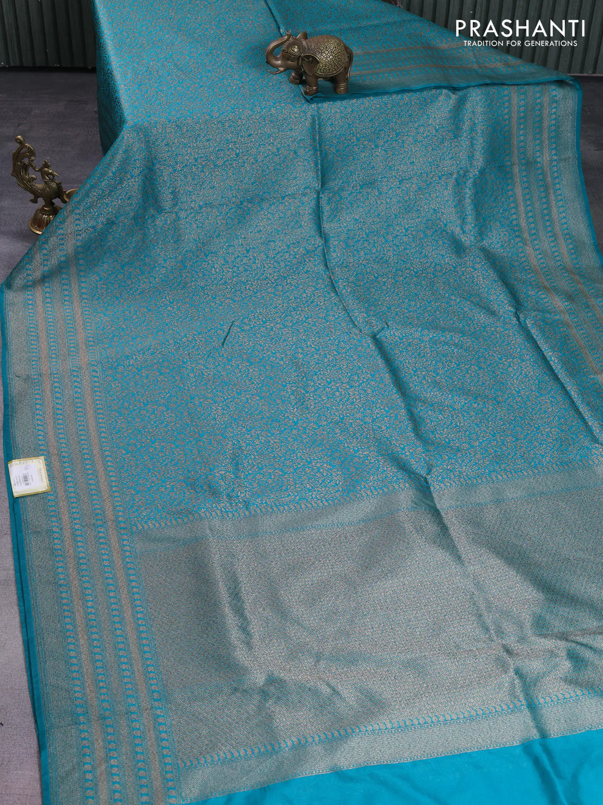 Banarasi semi silk saree teal green with allover thread & zari weaves and woven border - Image 2