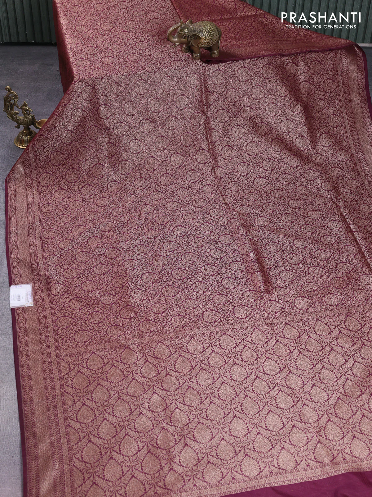 Banarasi semi silk saree wine shade with allover thread & zari weaves and woven border - Image 2