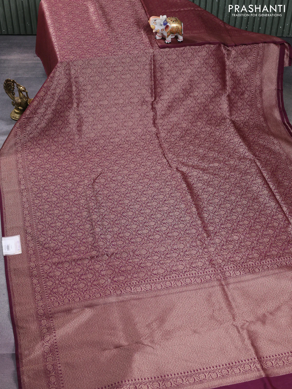 Banarasi semi silk saree wine shade with allover thread & zari weaves and woven border - Image 2