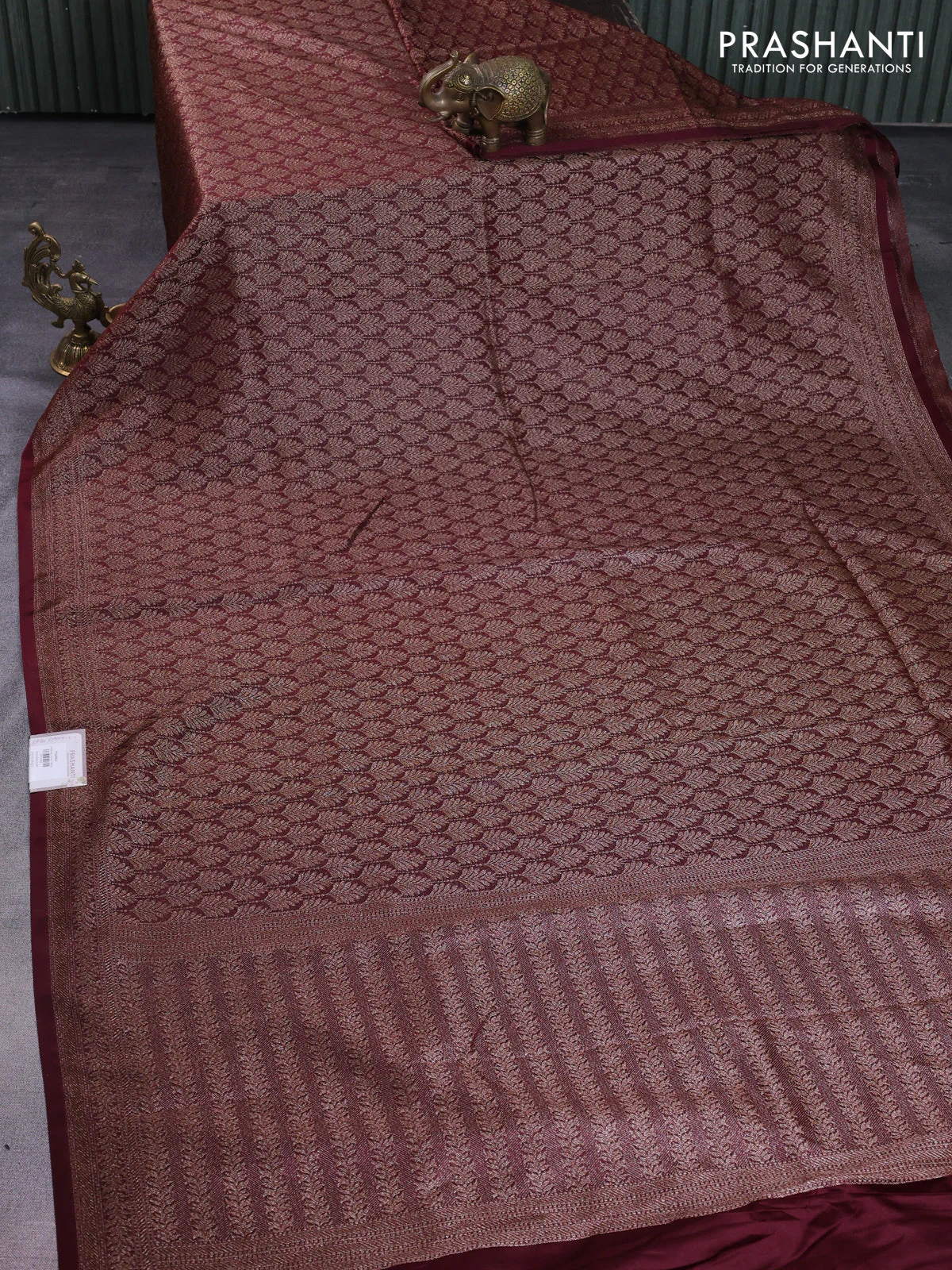 Banarasi semi silk saree wine shade with allover thread & zari weaves and woven border - Image 2