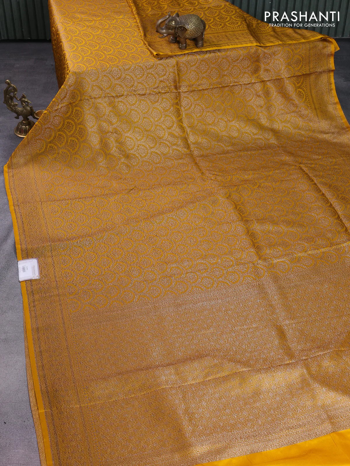 Banarasi semi silk saree yellow with allover thread & zari weaves and woven border - Image 2
