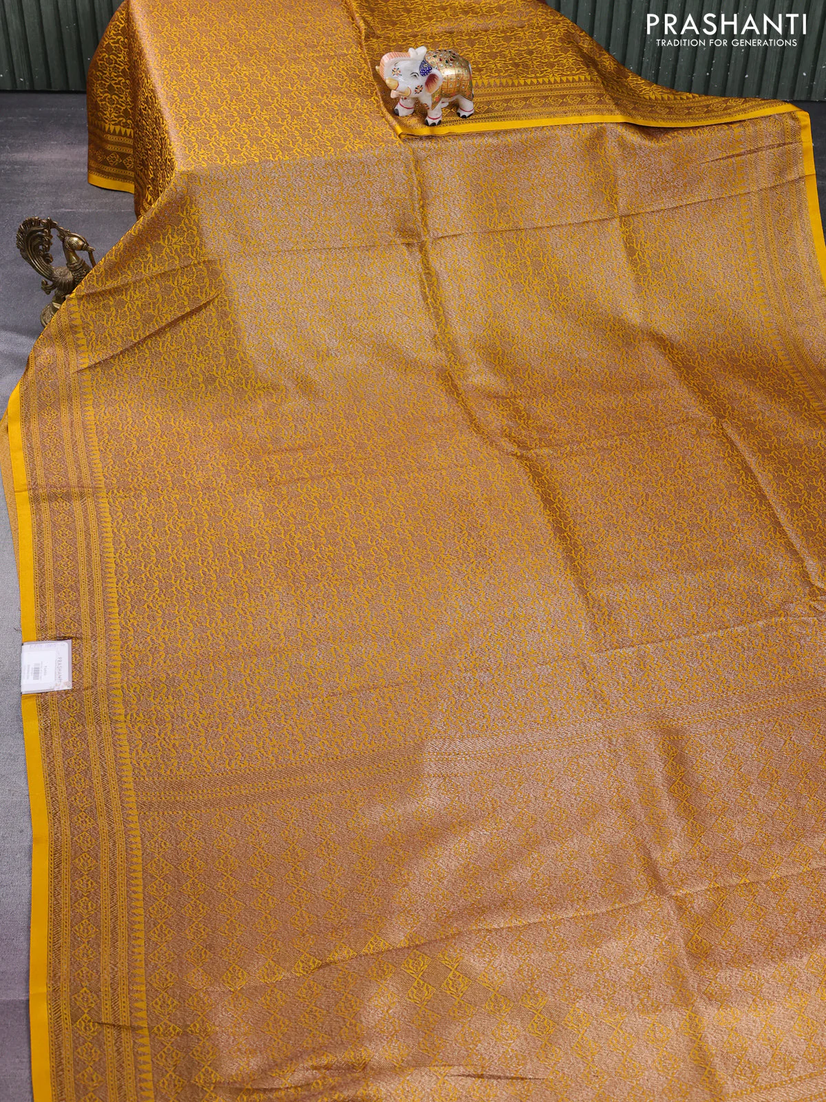 Banarasi semi silk saree yellow with allover thread & zari weaves and woven border - Image 2