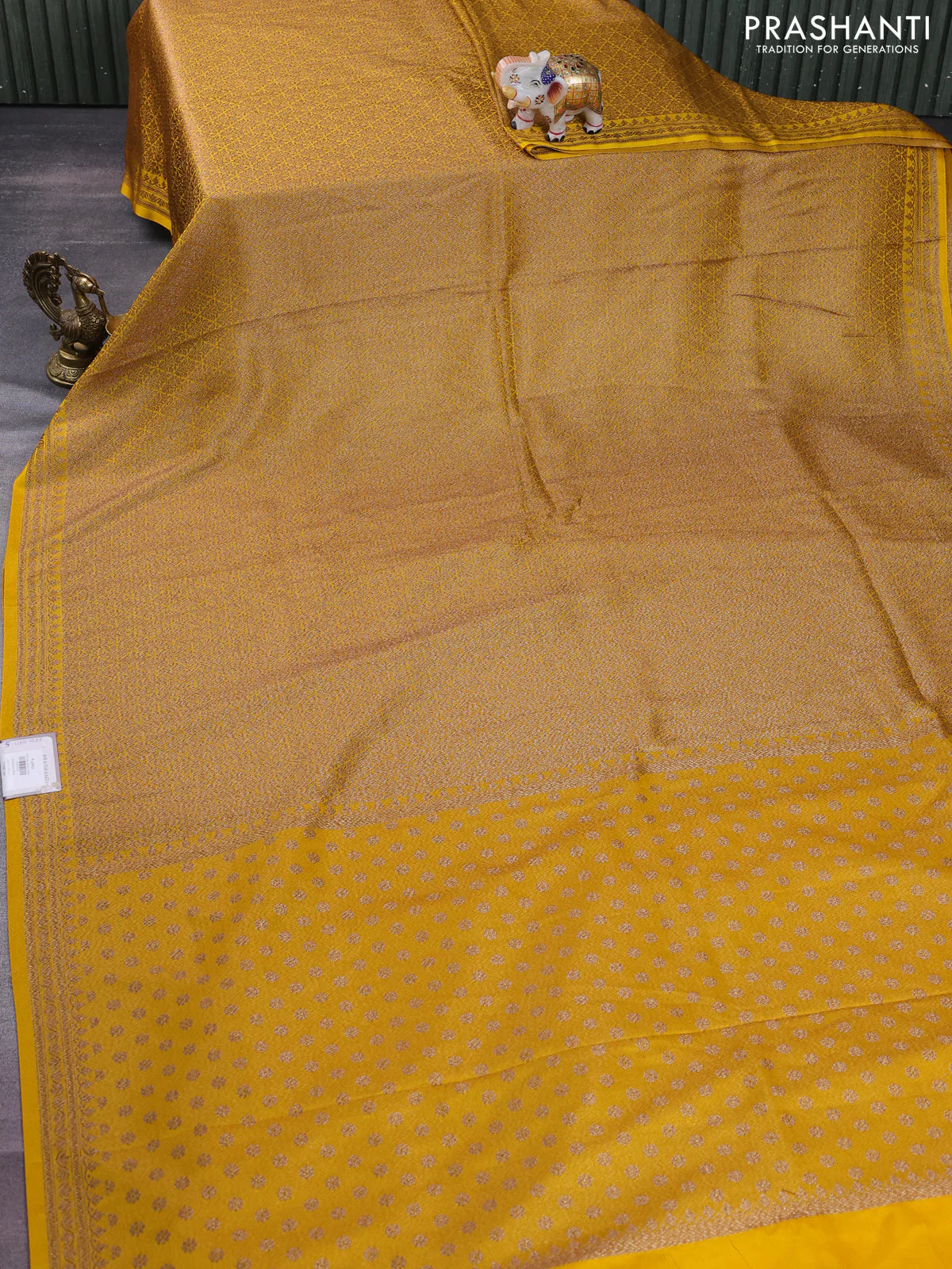 Banarasi semi silk saree yellow with allover thread & zari weaves and woven border - Image 2
