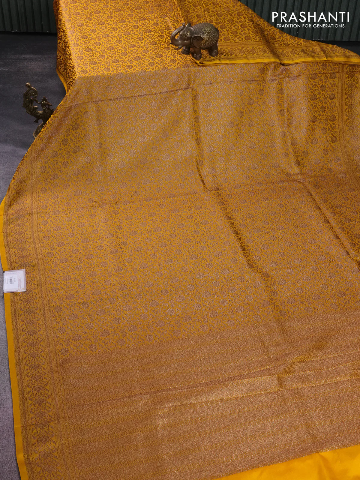 Banarasi semi silk saree yellow with allover thread & zari woven butta weaves and woven border - Image 2