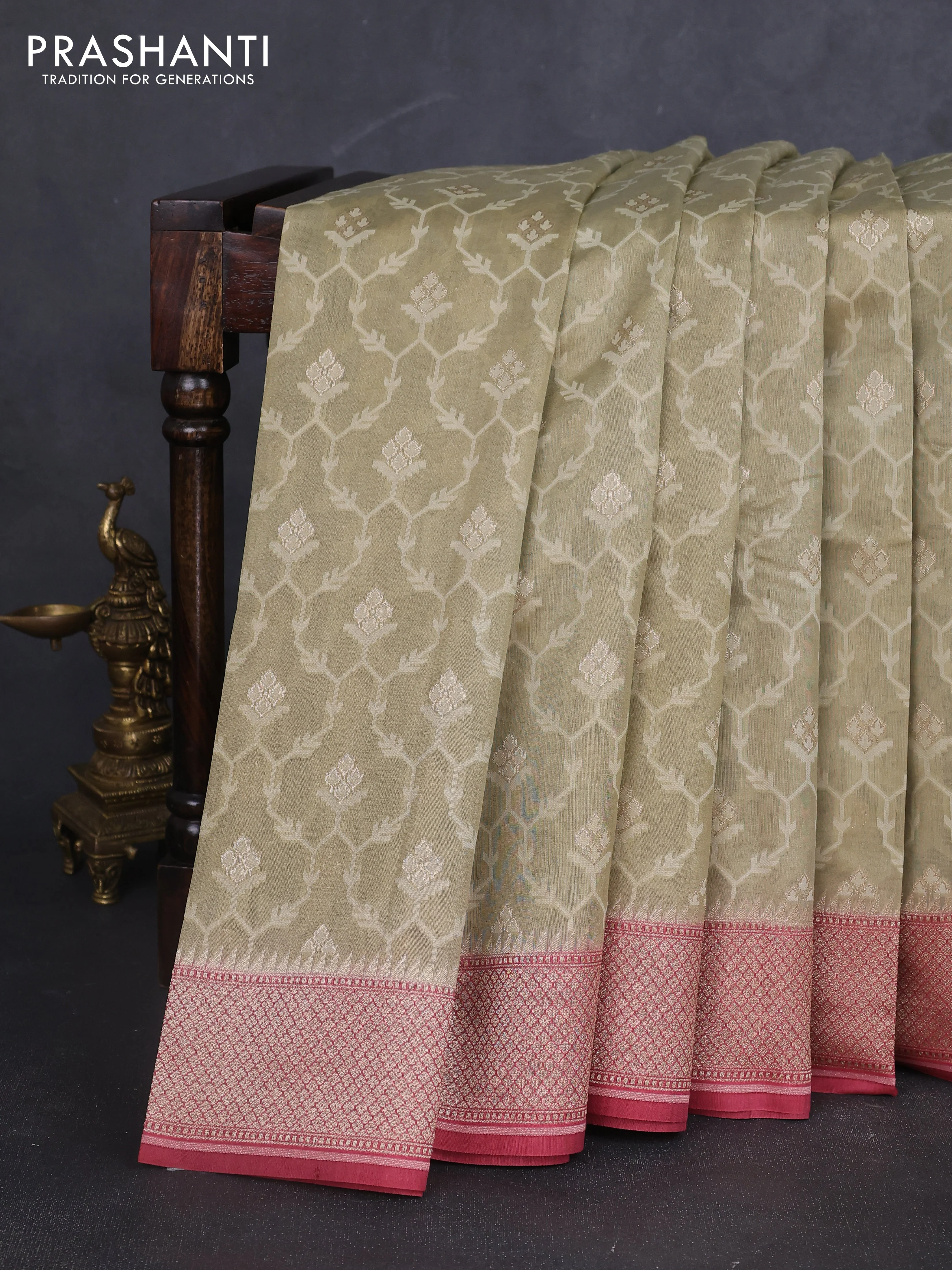 Banarasi silk cotton saree beige and pink with allover thread weaves & zari woven buttas and zari woven border