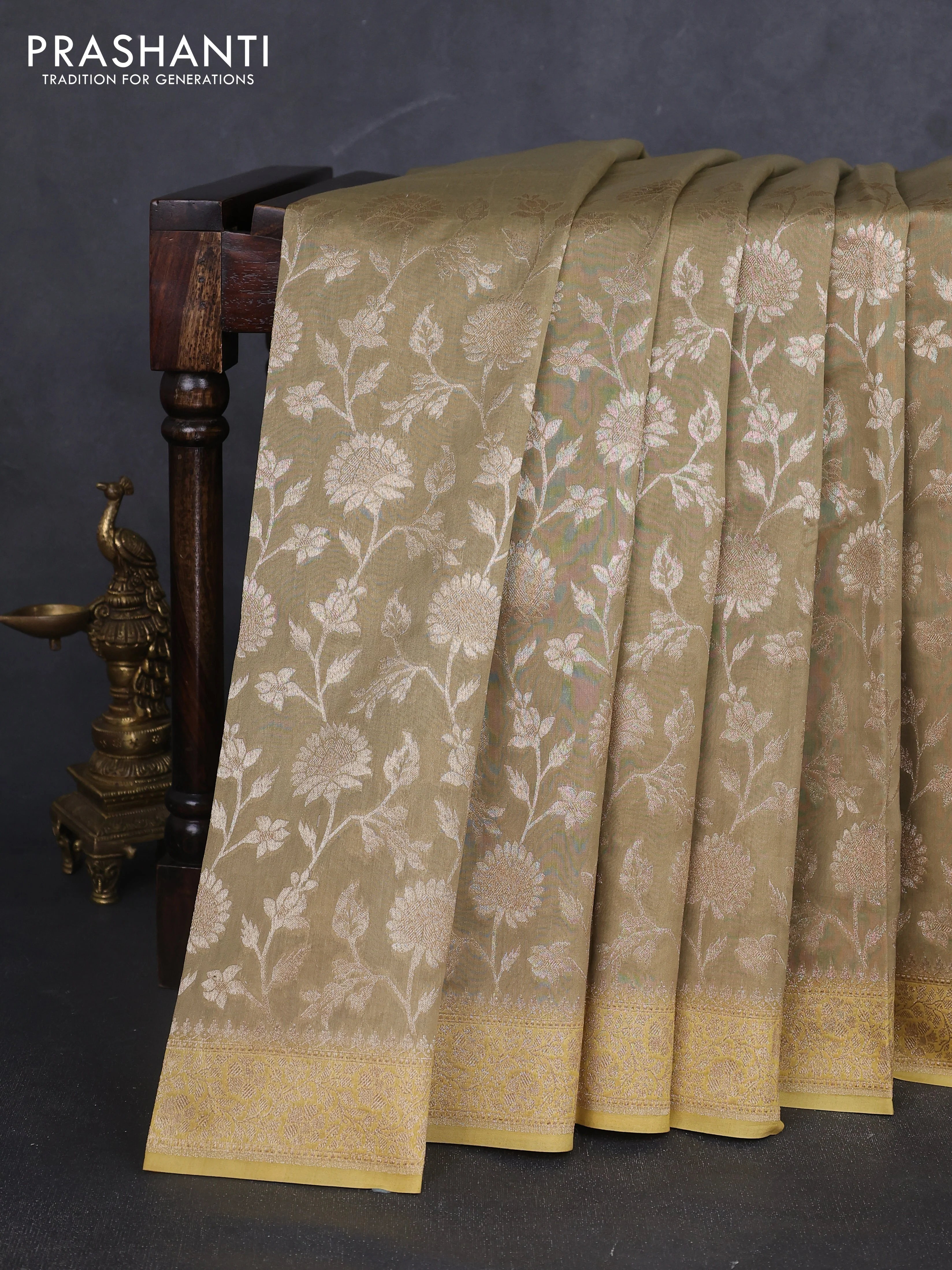 Banarasi silk cotton saree beige and yellow with allover zari woven buttas and zari woven border