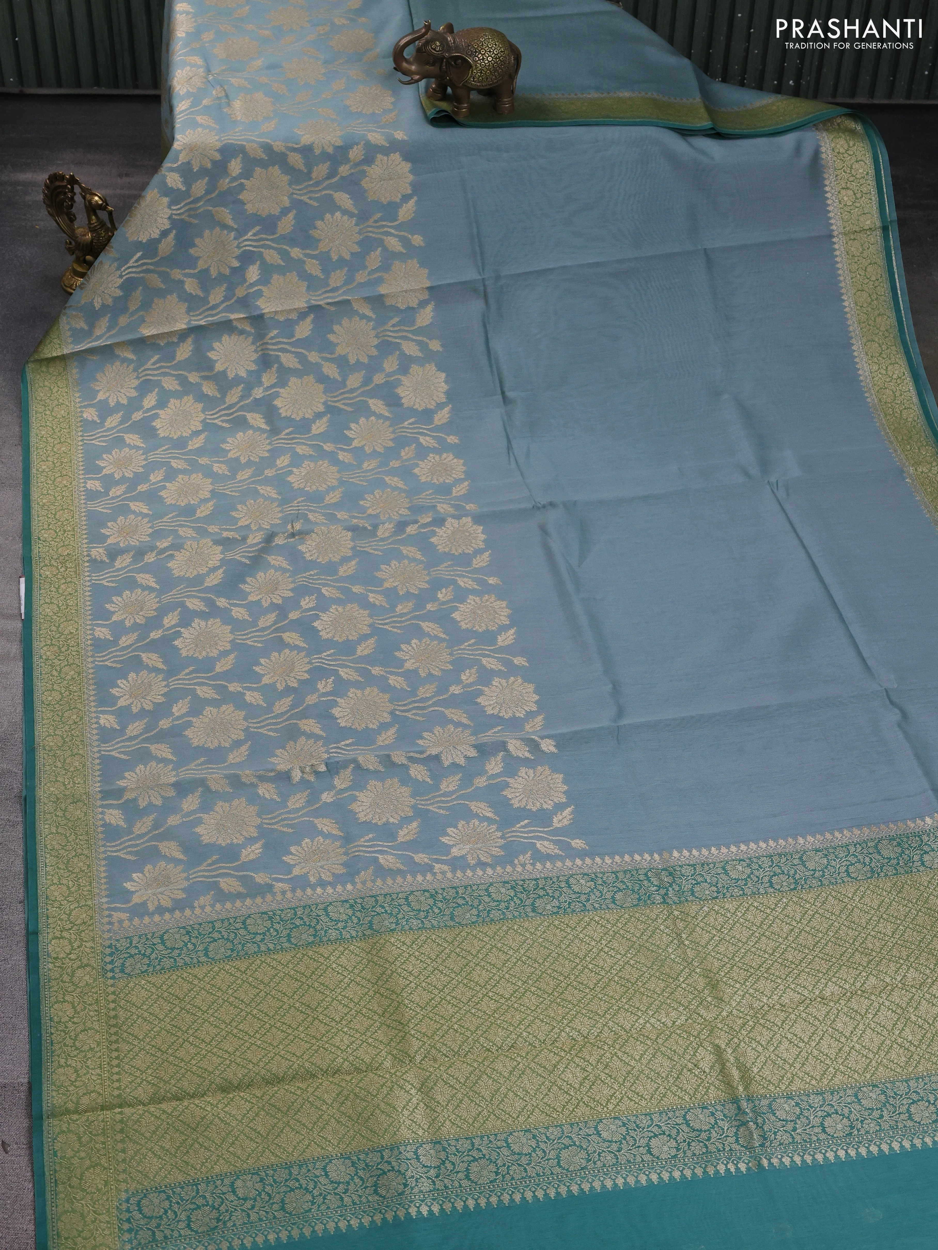 Banarasi silk cotton saree bluish grey and green with allover zari weaves and zari woven border - Image 2