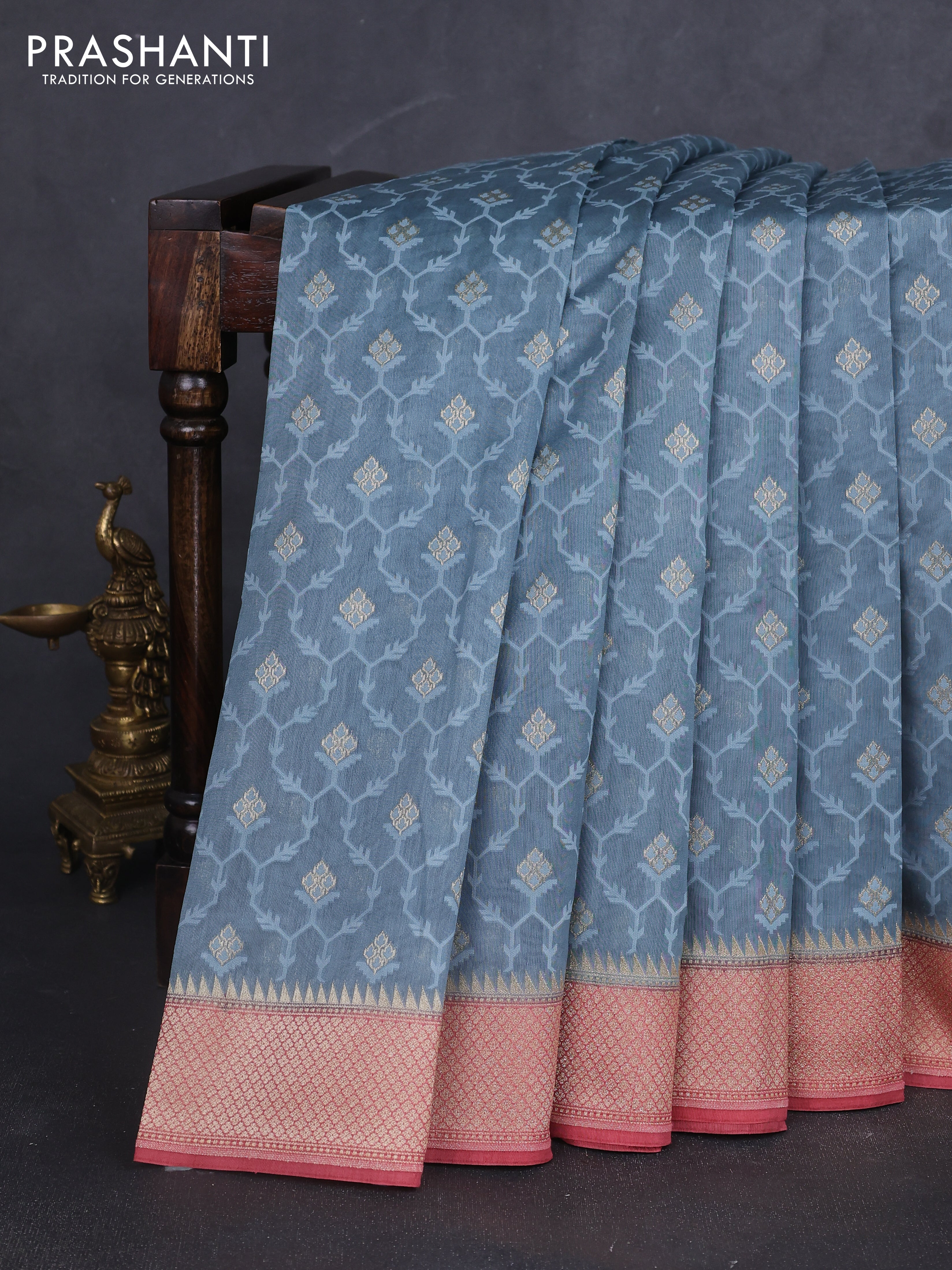 Banarasi silk cotton saree bluish grey and pink with allover thread weaves & zari woven buttas and zari woven border
