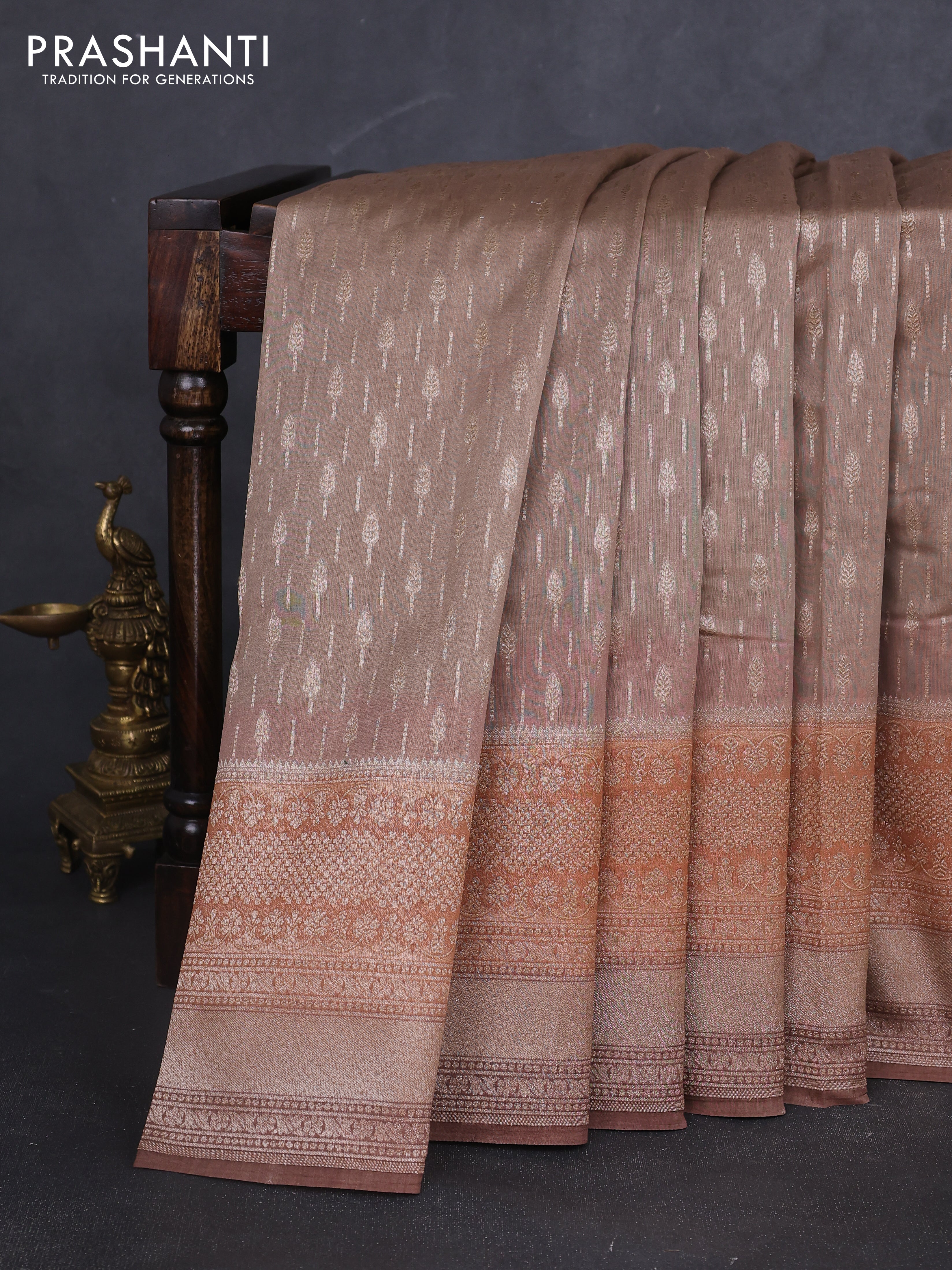Banarasi silk cotton saree brown and rust shade with allover zari woven buttas and long zari woven border