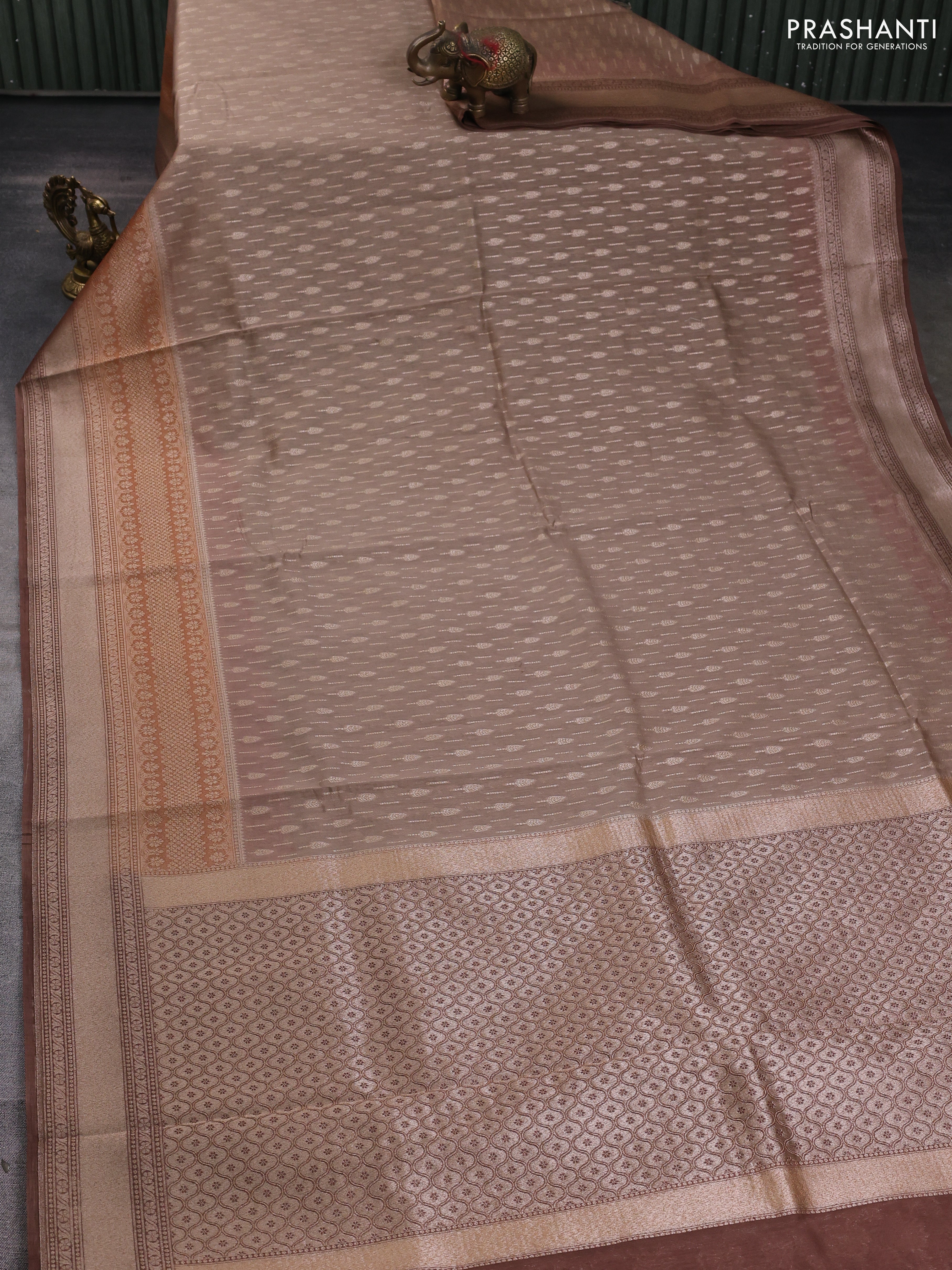 Banarasi silk cotton saree brown and rust shade with allover zari woven buttas and long zari woven border - Image 2