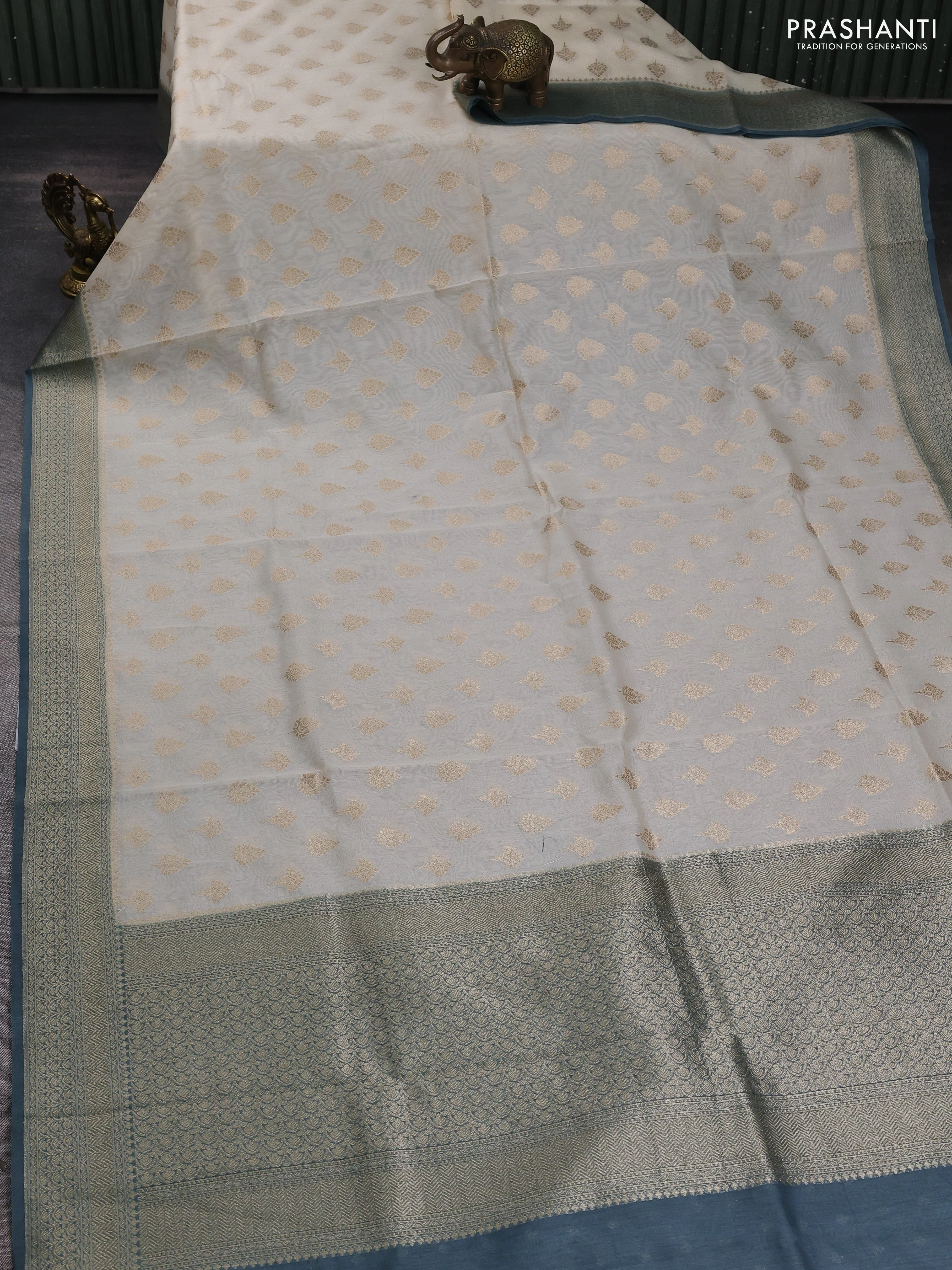 Banarasi silk cotton saree cream and bluish grey with allover zari woven buttas and zari woven border - Image 2