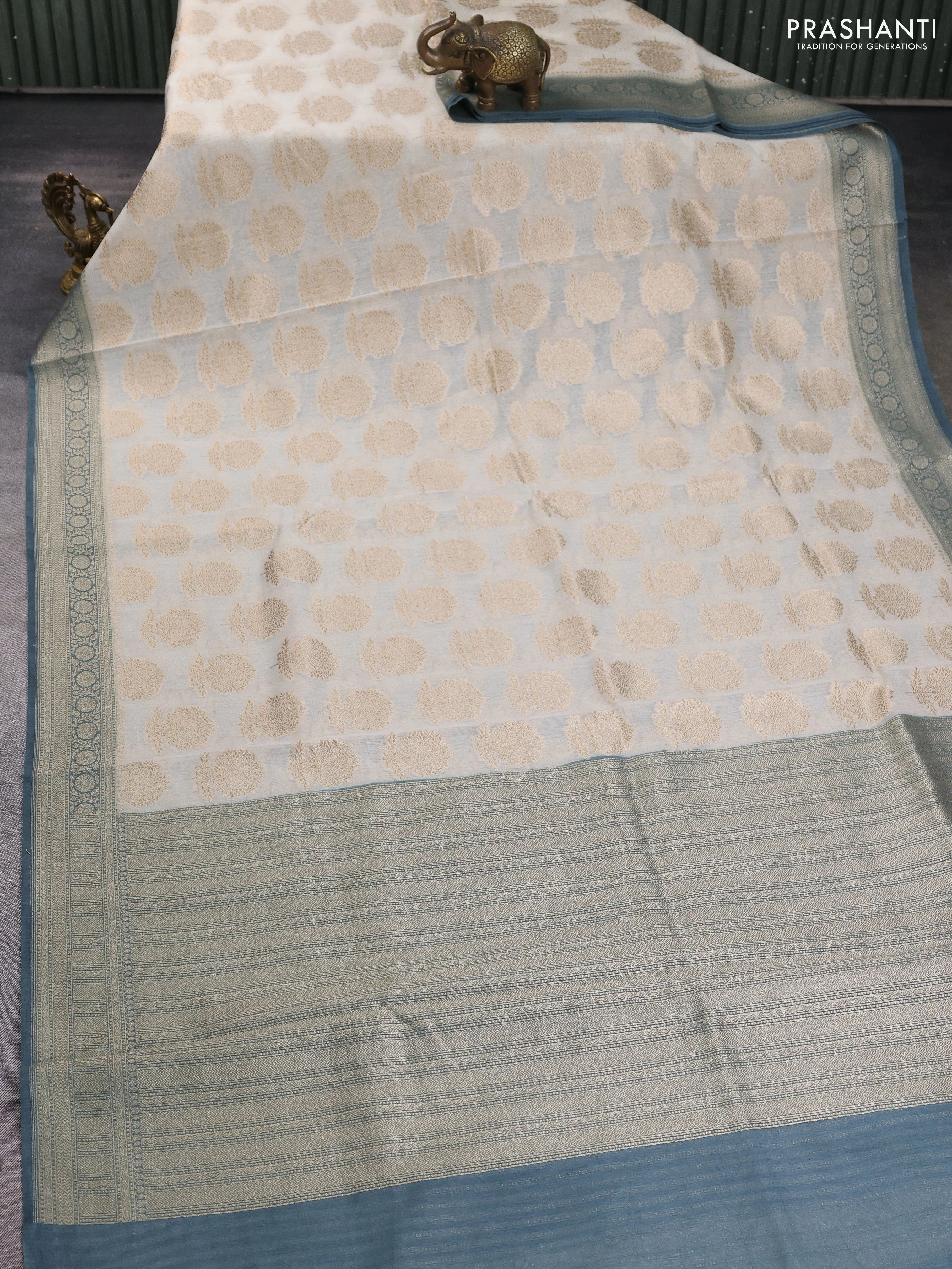 Banarasi silk cotton saree cream and grey with allover zari woven buttas and zari woven border - Image 2