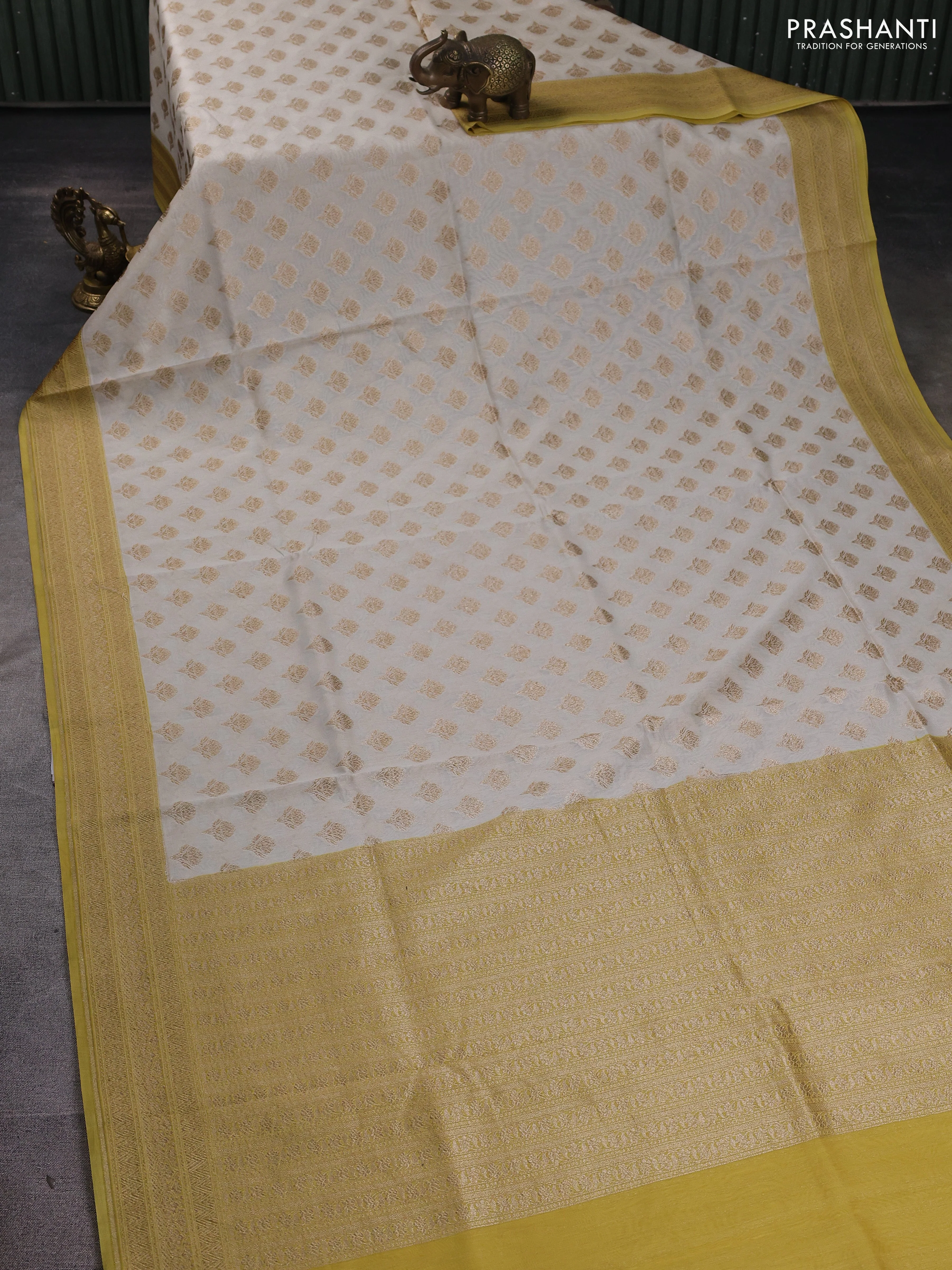 Banarasi silk cotton saree cream and pale yellow with allover thread & zari woven buttas and woven border - Image 2