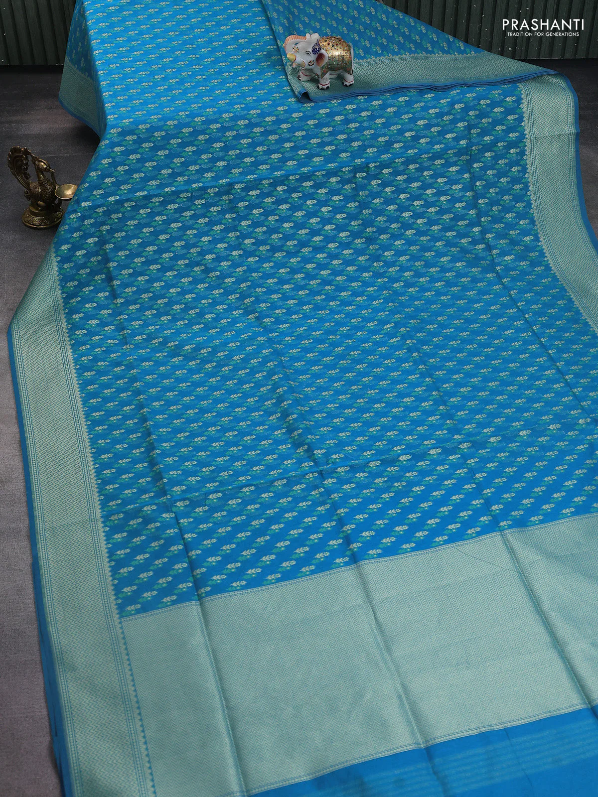 Banarasi silk cotton saree cs blue with allover zari woven buttas and temple zari woven border - Image 2