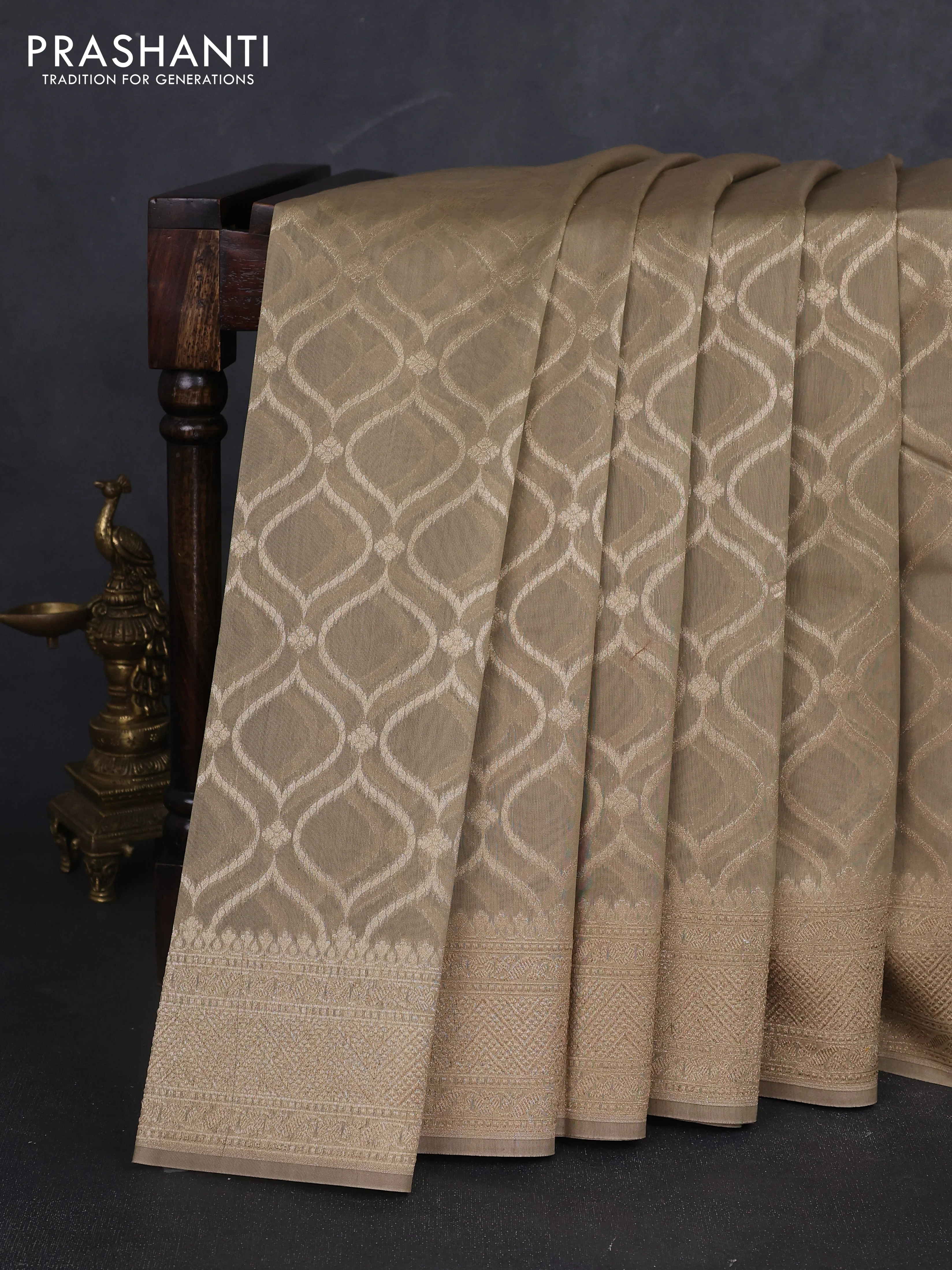 Banarasi silk cotton saree dark beige with allover geometric zari weaves and woven border