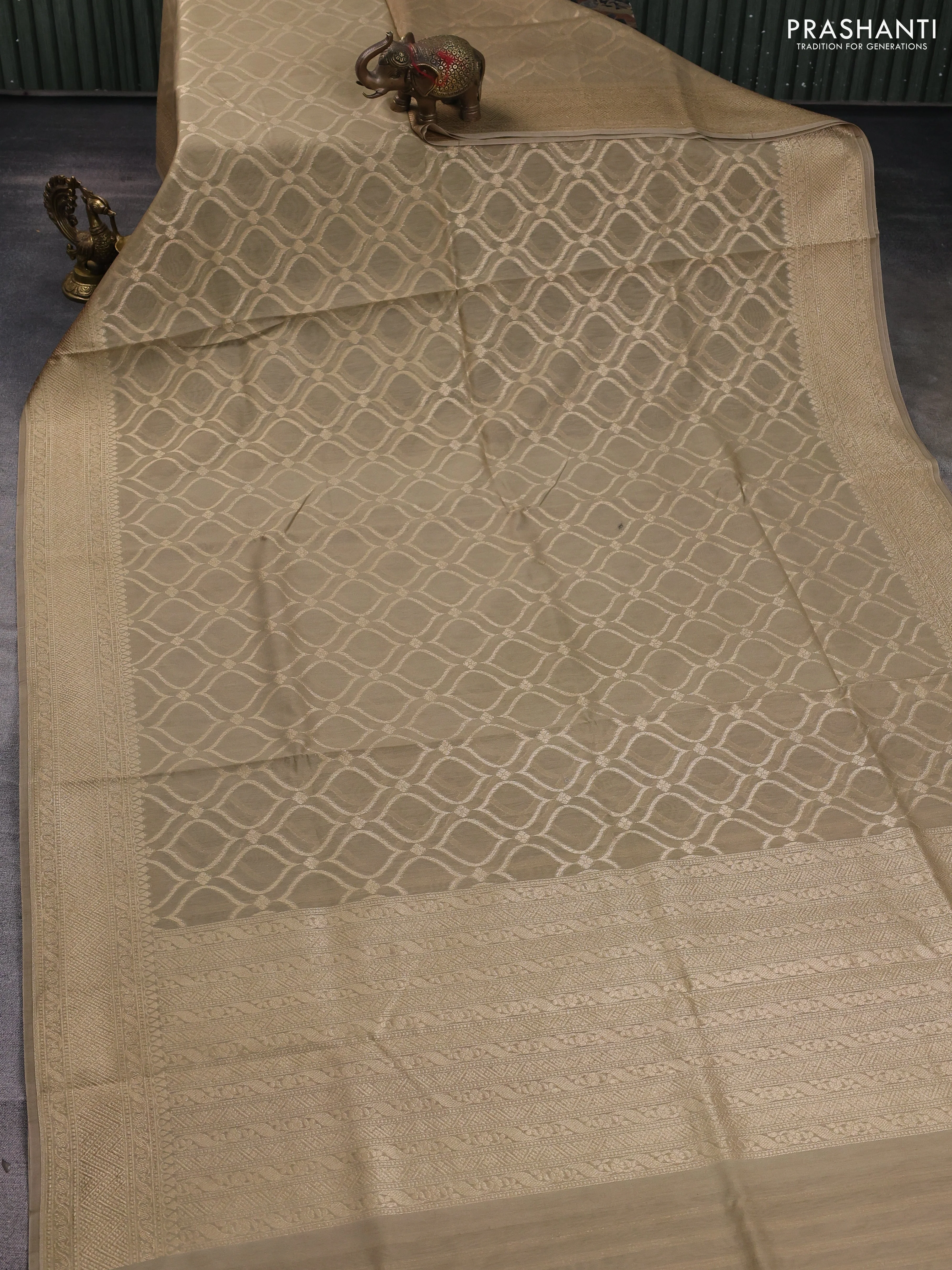 Banarasi silk cotton saree dark beige with allover geometric zari weaves and woven border - Image 2
