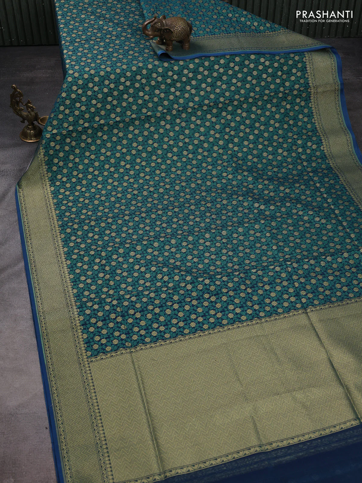 Banarasi silk cotton saree dual shade of bluish green with allover thread weaves & zari woven buttas and temple zari woven border - Image 2