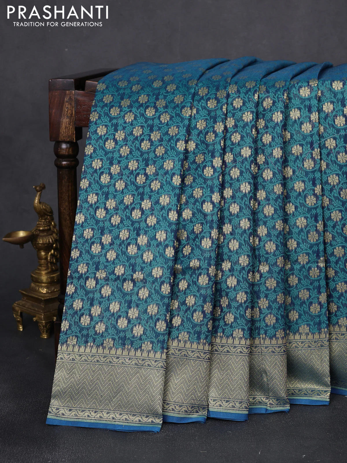 Banarasi silk cotton saree dual shade of bluish green with allover thread weaves & zari woven buttas and temple zari woven border