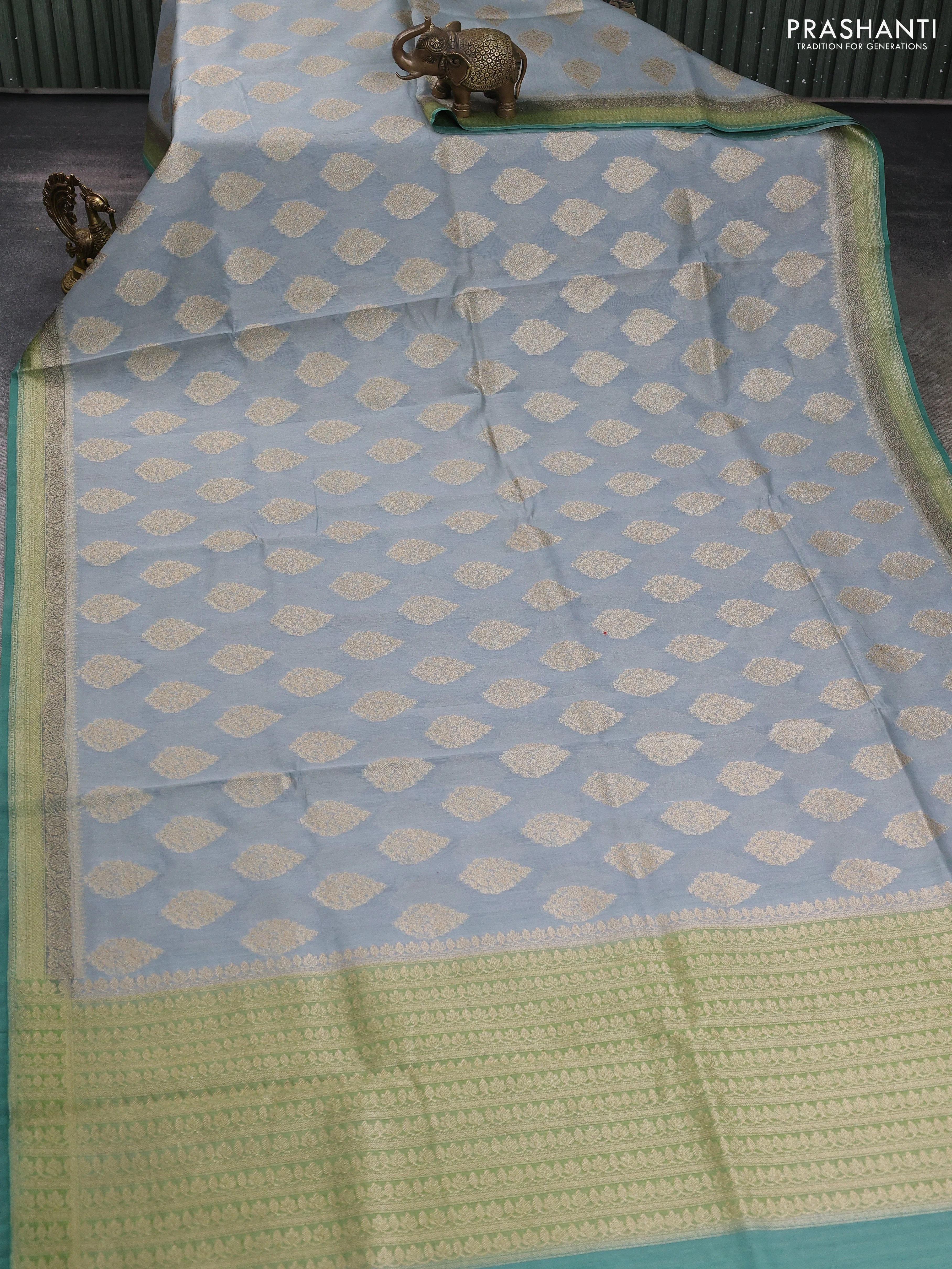 Banarasi silk cotton saree grey and green shade with zari woven buttas and woven border - Image 2