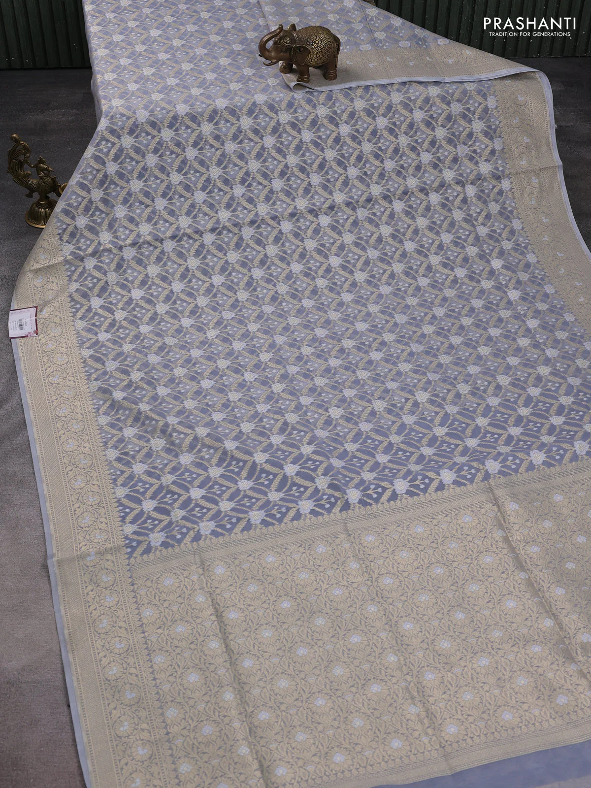 Banarasi silk cotton saree grey with allover zari weaves and zari woven border - Image 2