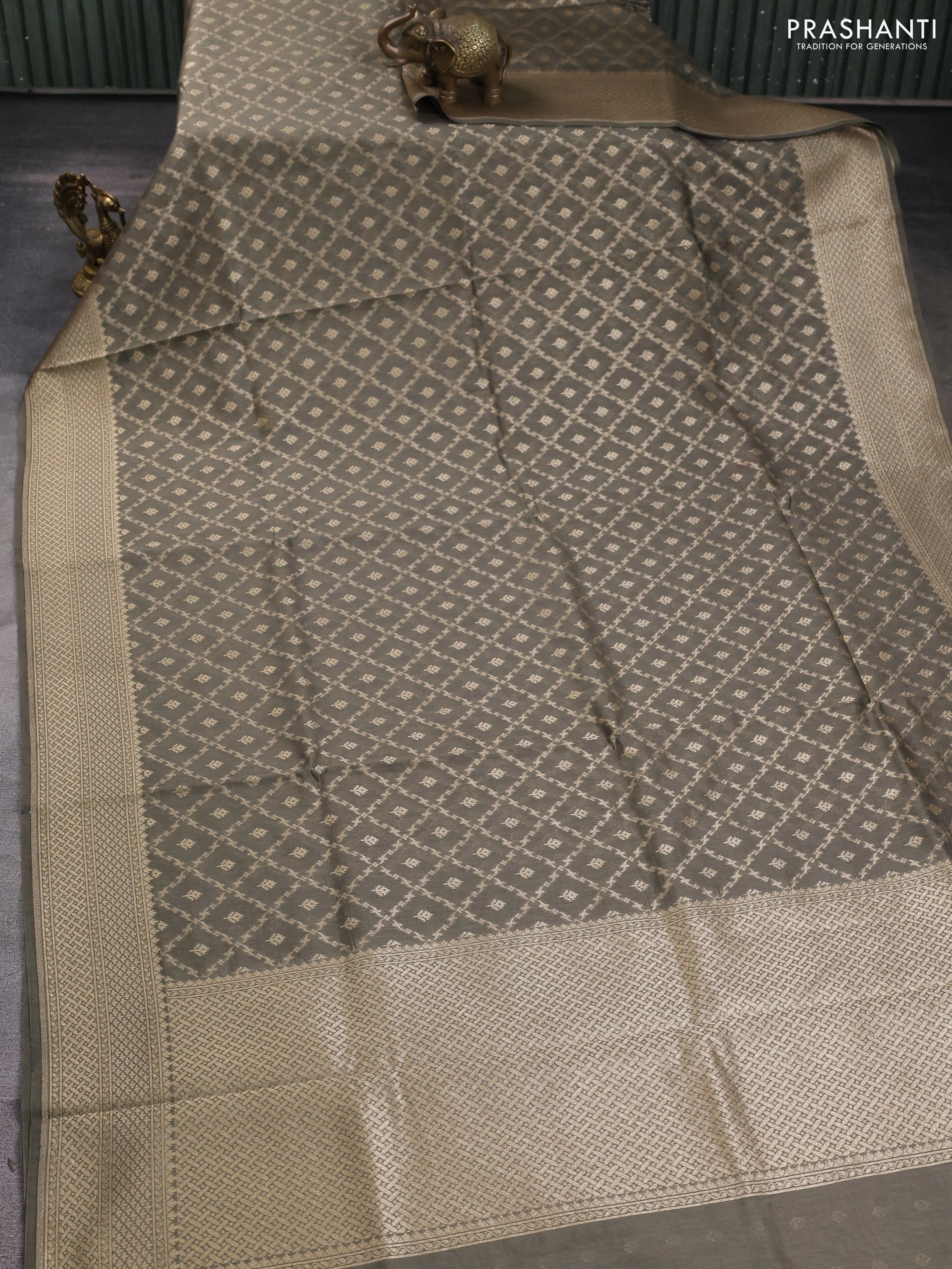 Banarasi silk cotton saree grey with allover zari woven buttas and zari woven border - Image 2