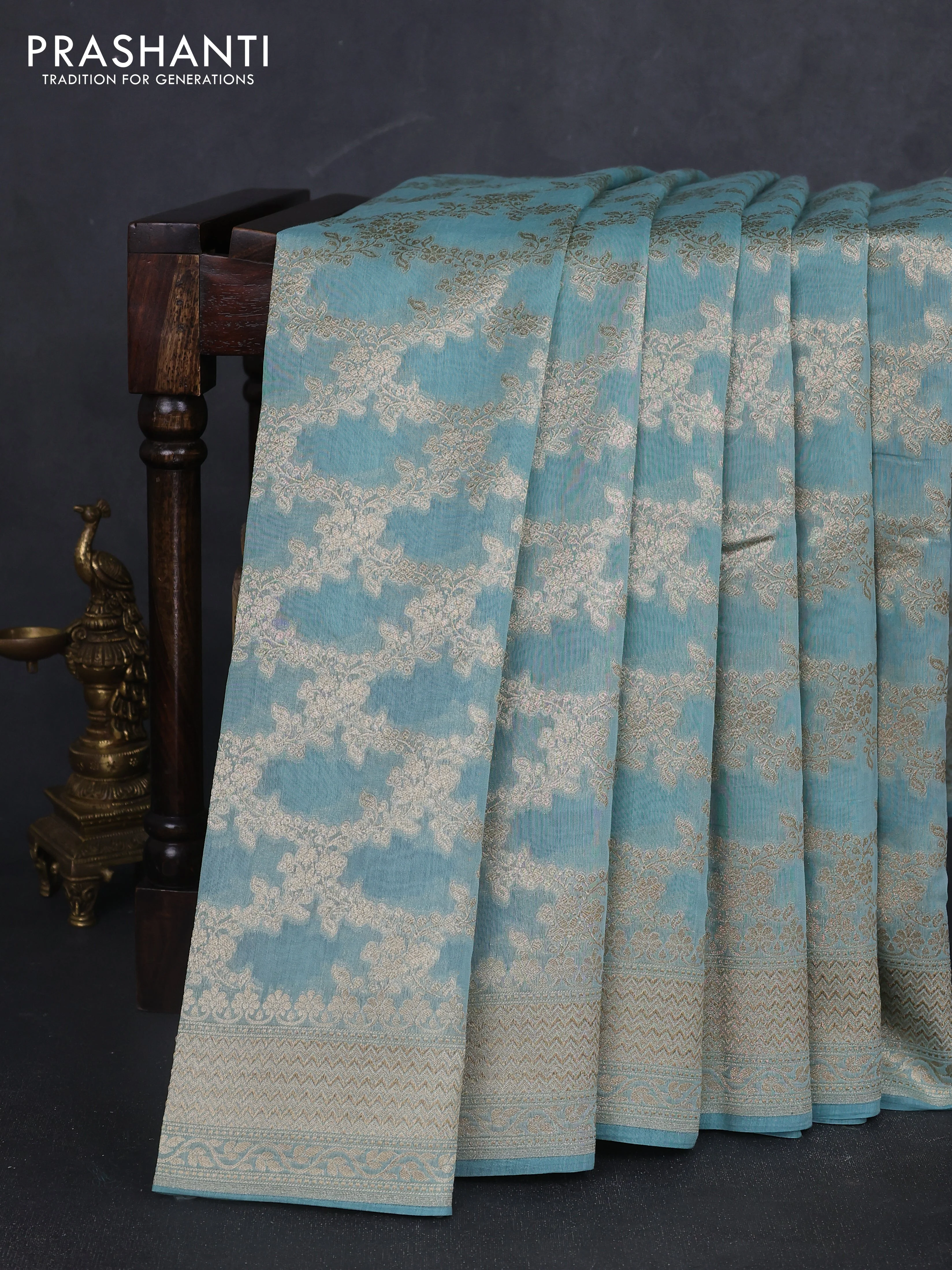 Banarasi silk cotton saree light blue with allover zari weaves and zari woven border