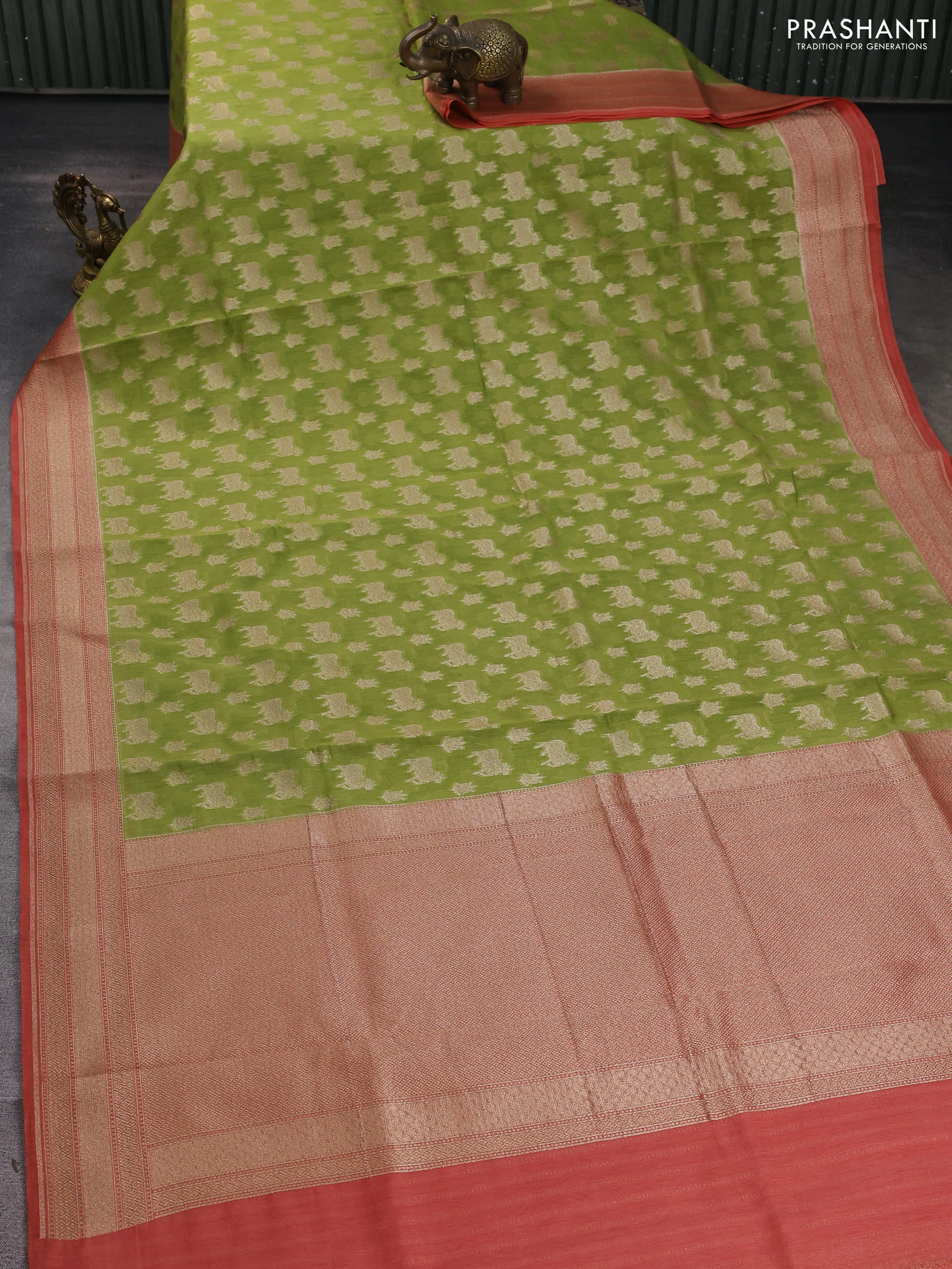 Banarasi silk cotton saree light green and peach shade with allover pichwai zari woven butta weaves and zari woven border - Image 2