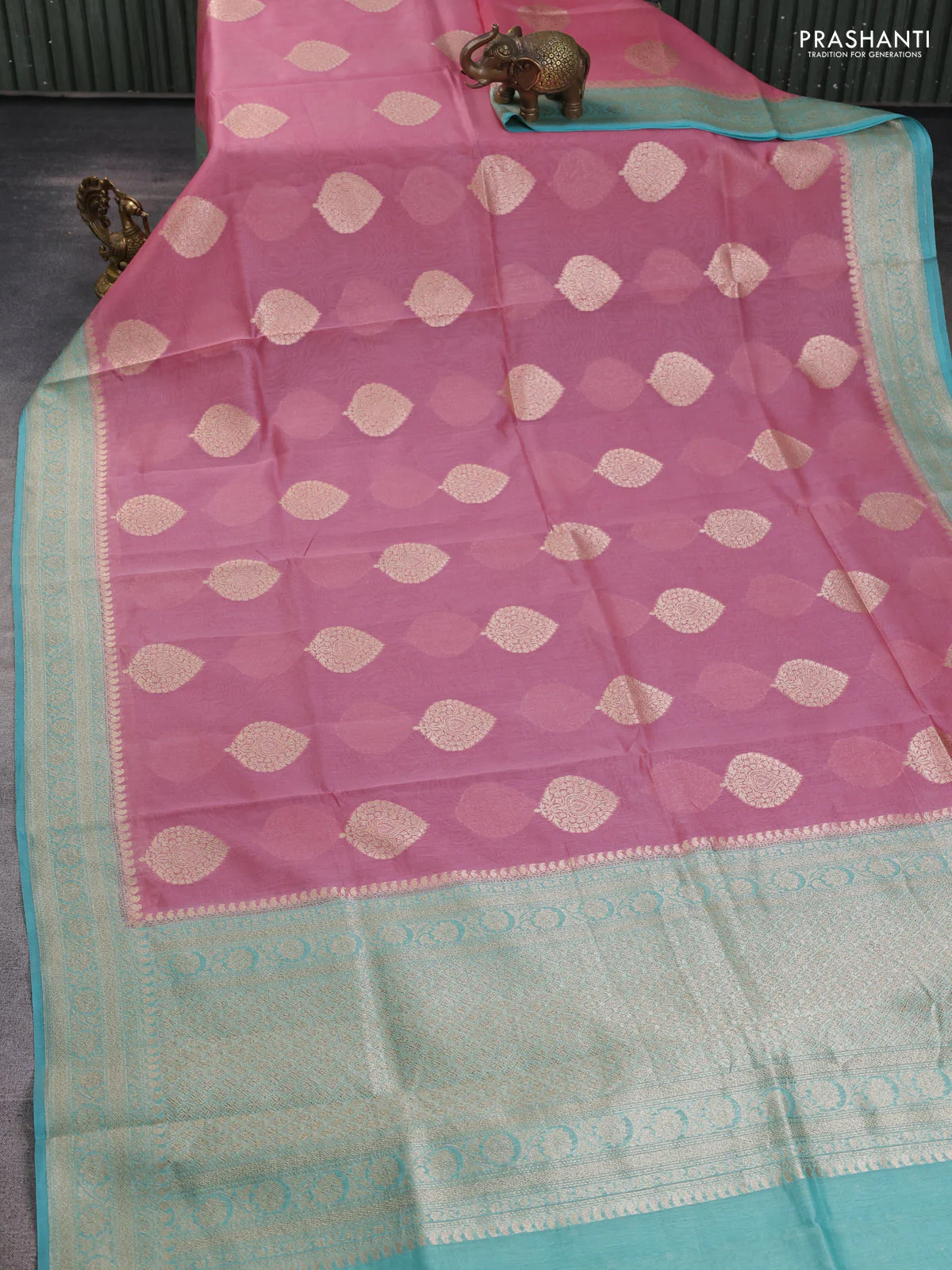 Banarasi silk cotton saree light pink and teal blue with zari woven buttas and woven border - Image 2