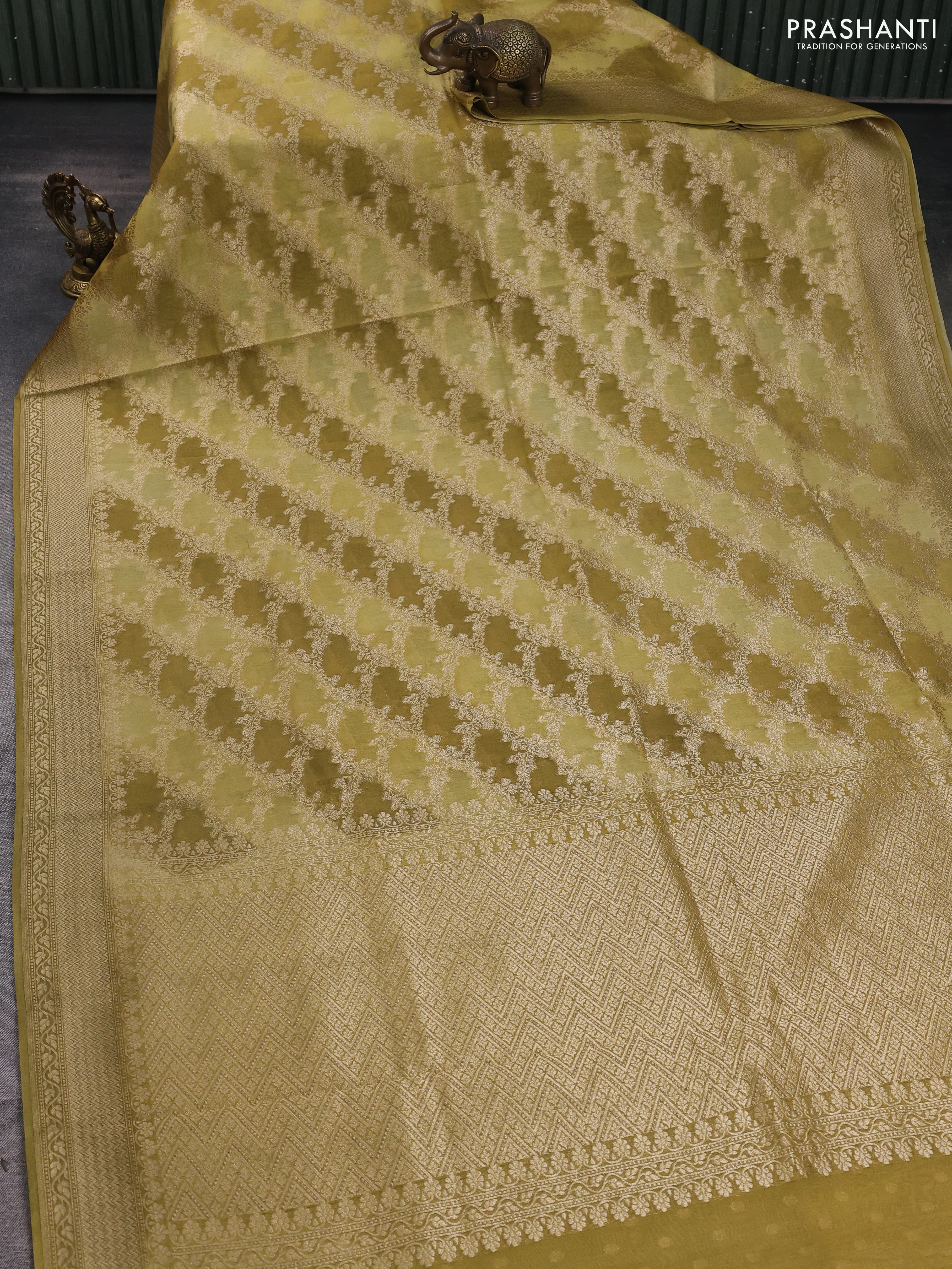 Banarasi silk cotton saree lime green with allover zari weaves and zari woven border - Image 2