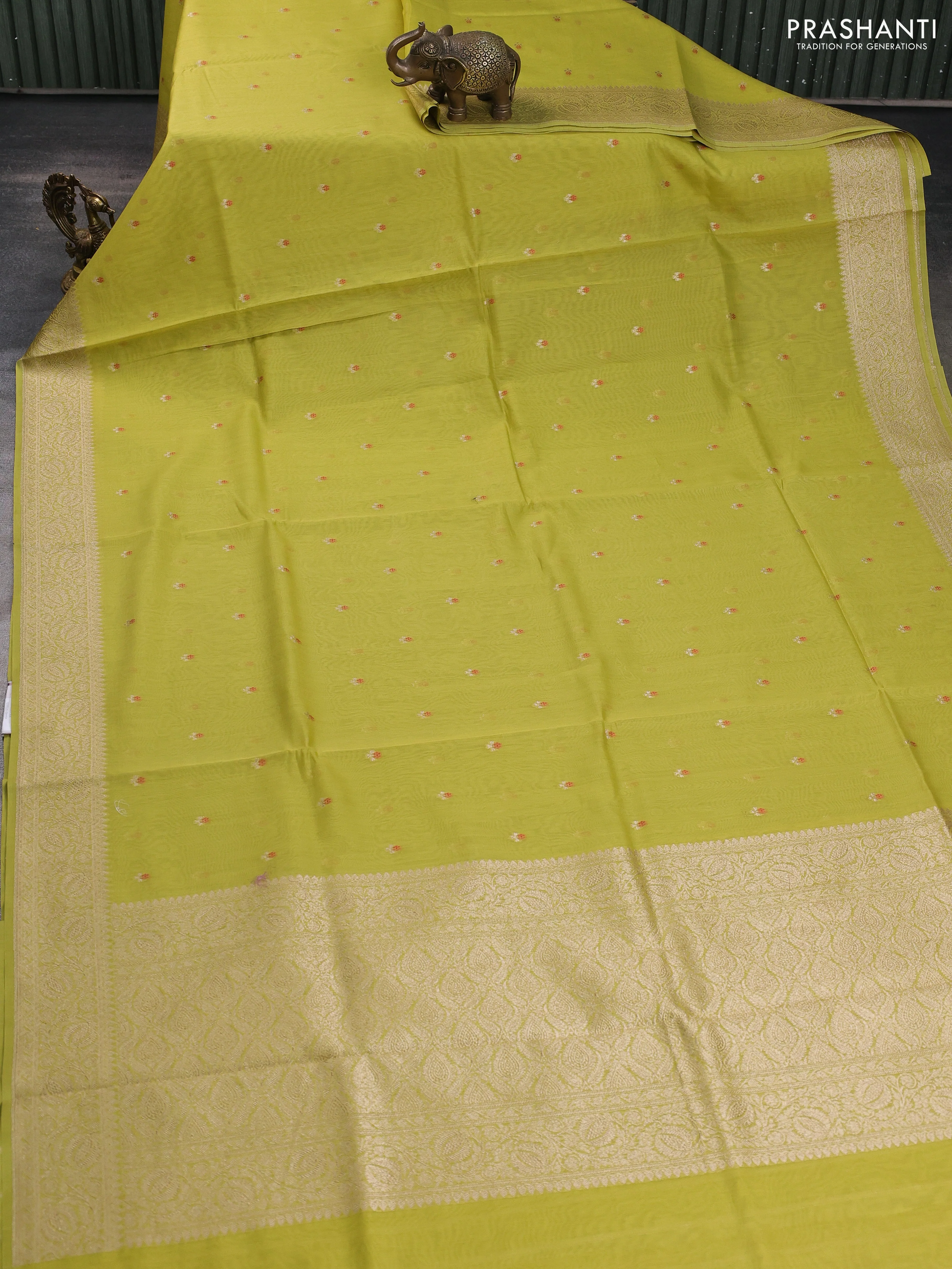 Banarasi silk cotton saree lime green with allover zari woven buttas and zari woven border - Image 2