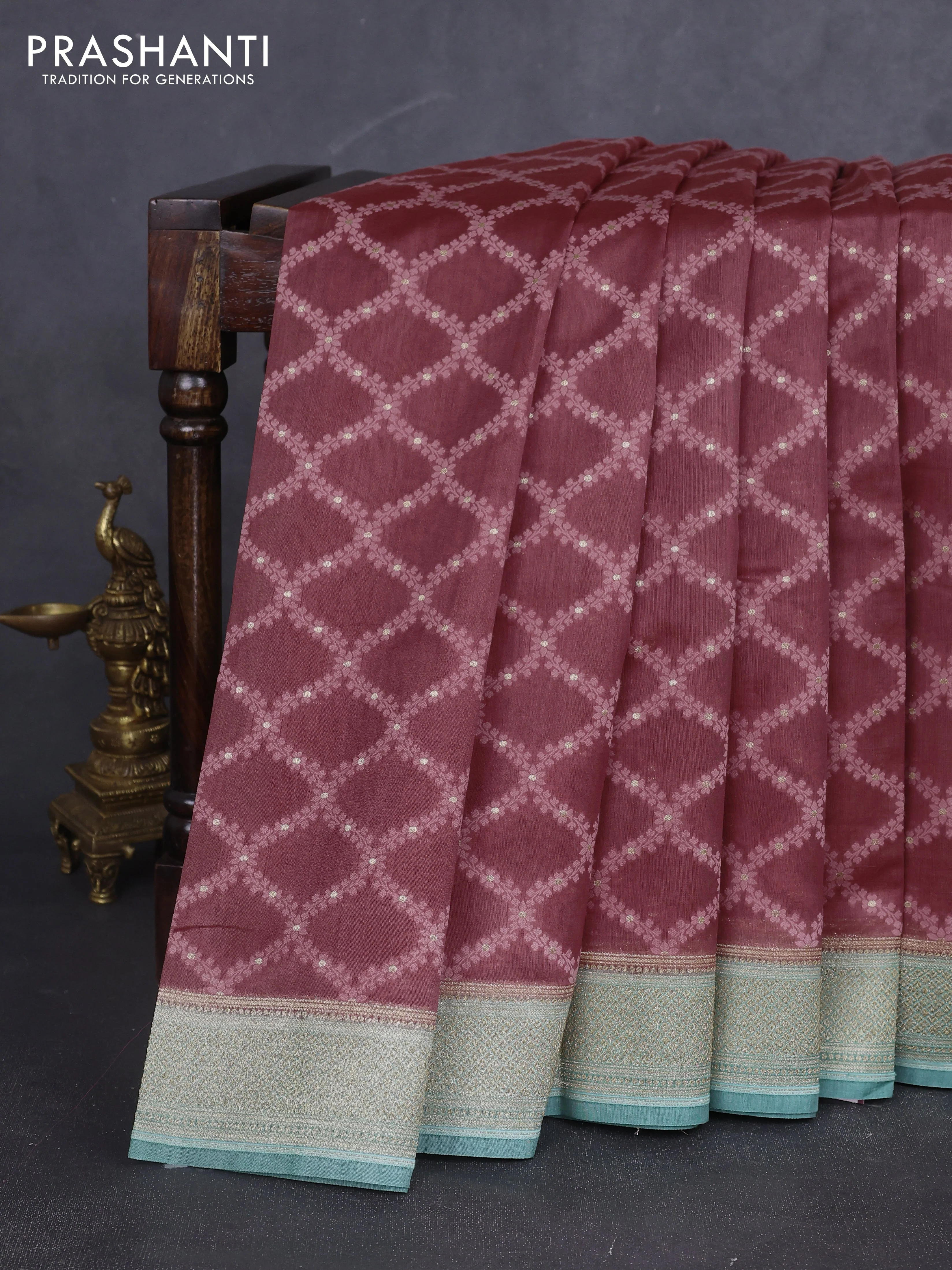 Banarasi silk cotton saree maroon shade and teal green shade with allover thread weaves and woven border
