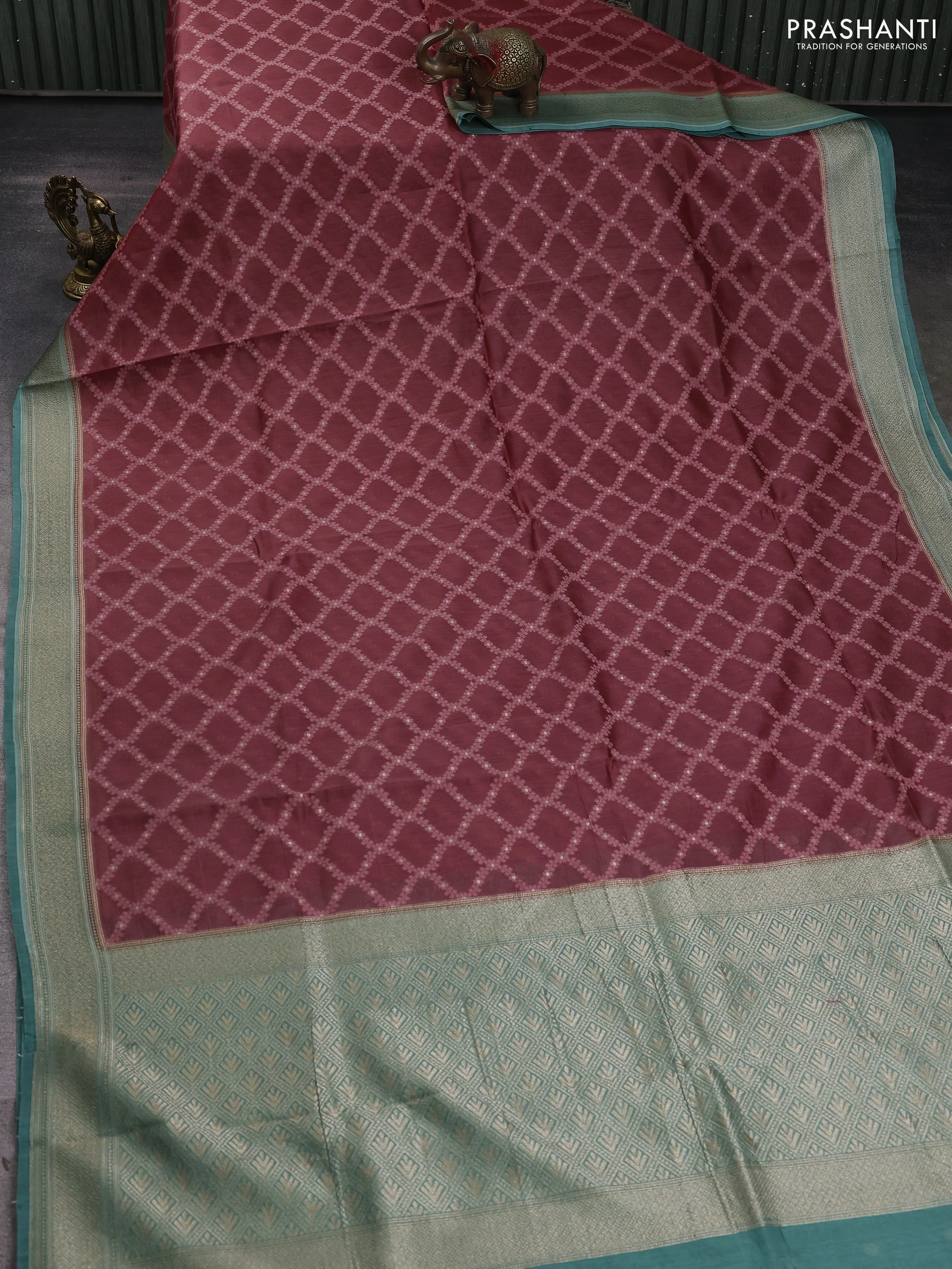 Banarasi silk cotton saree maroon shade and teal green shade with allover thread weaves and woven border - Image 2