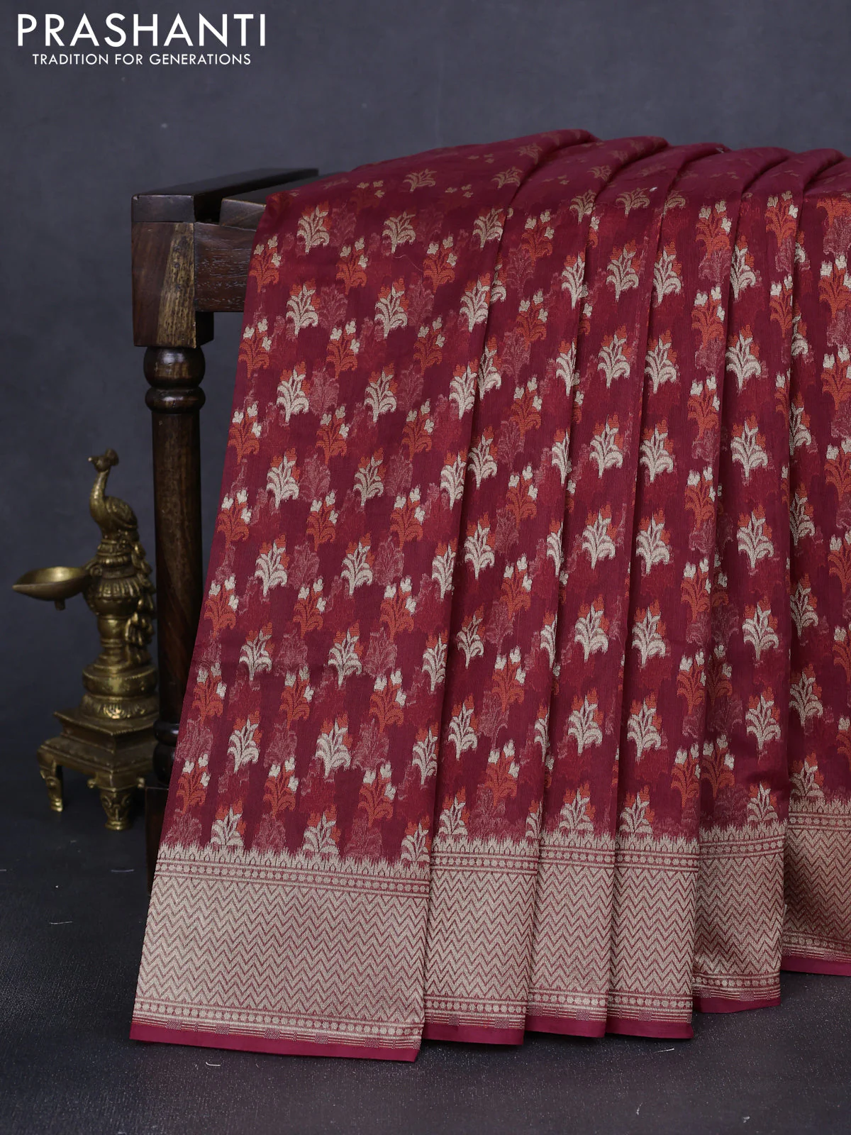 Banarasi silk cotton saree maroon with allover zari woven buttas and temple zari woven border
