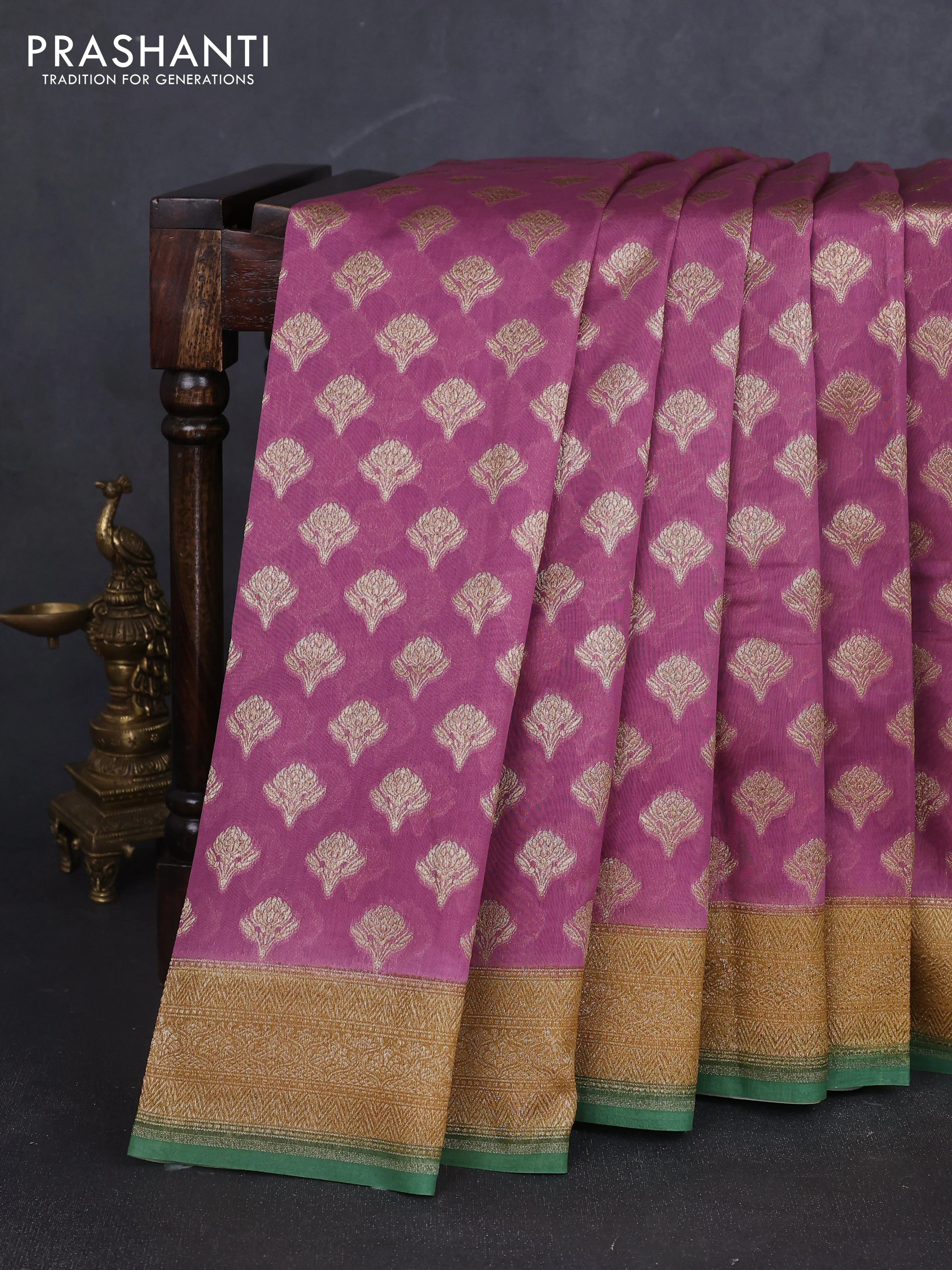 Banarasi silk cotton saree mauve pink and green with allover thread & zari woven buttas and woven border