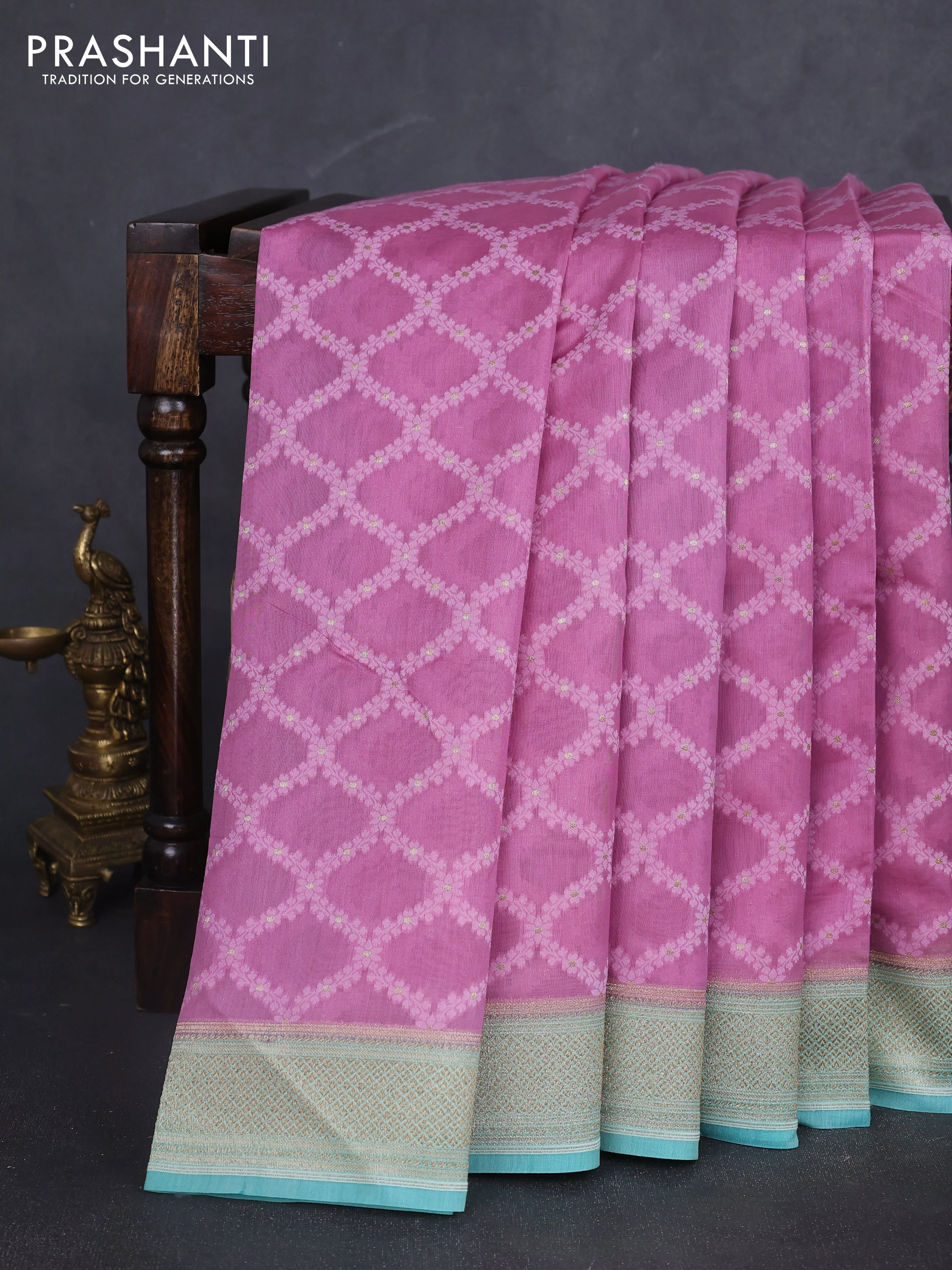 Banarasi silk cotton saree mauve pink and teal blue with allover thread weaves and woven border
